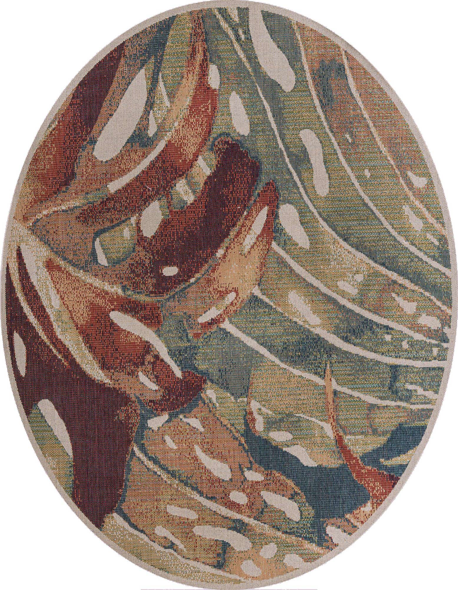 A round, multi-colored coastal rug featuring a modern botanical leaf pattern in shades of green, blue, orange, and red.