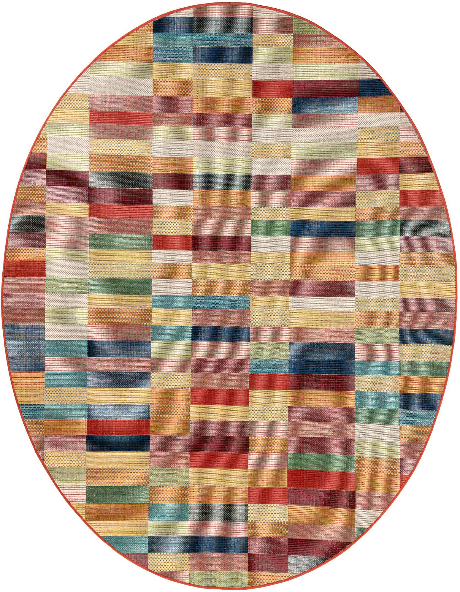 A 10-foot round multi-colored modern rug with a striped pattern, suitable for indoor or outdoor use.