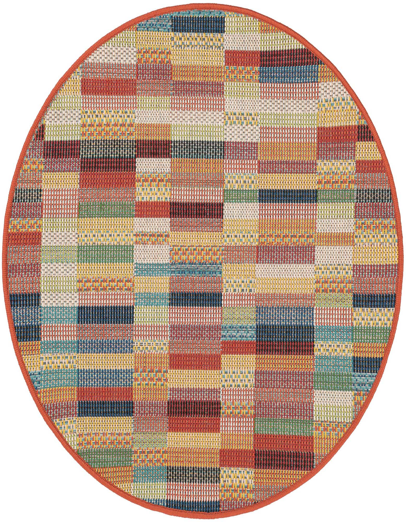 A 3' 3 round multi-colored modern rug with a patchwork pattern of various bright hues, ideal for indoor or outdoor spaces.