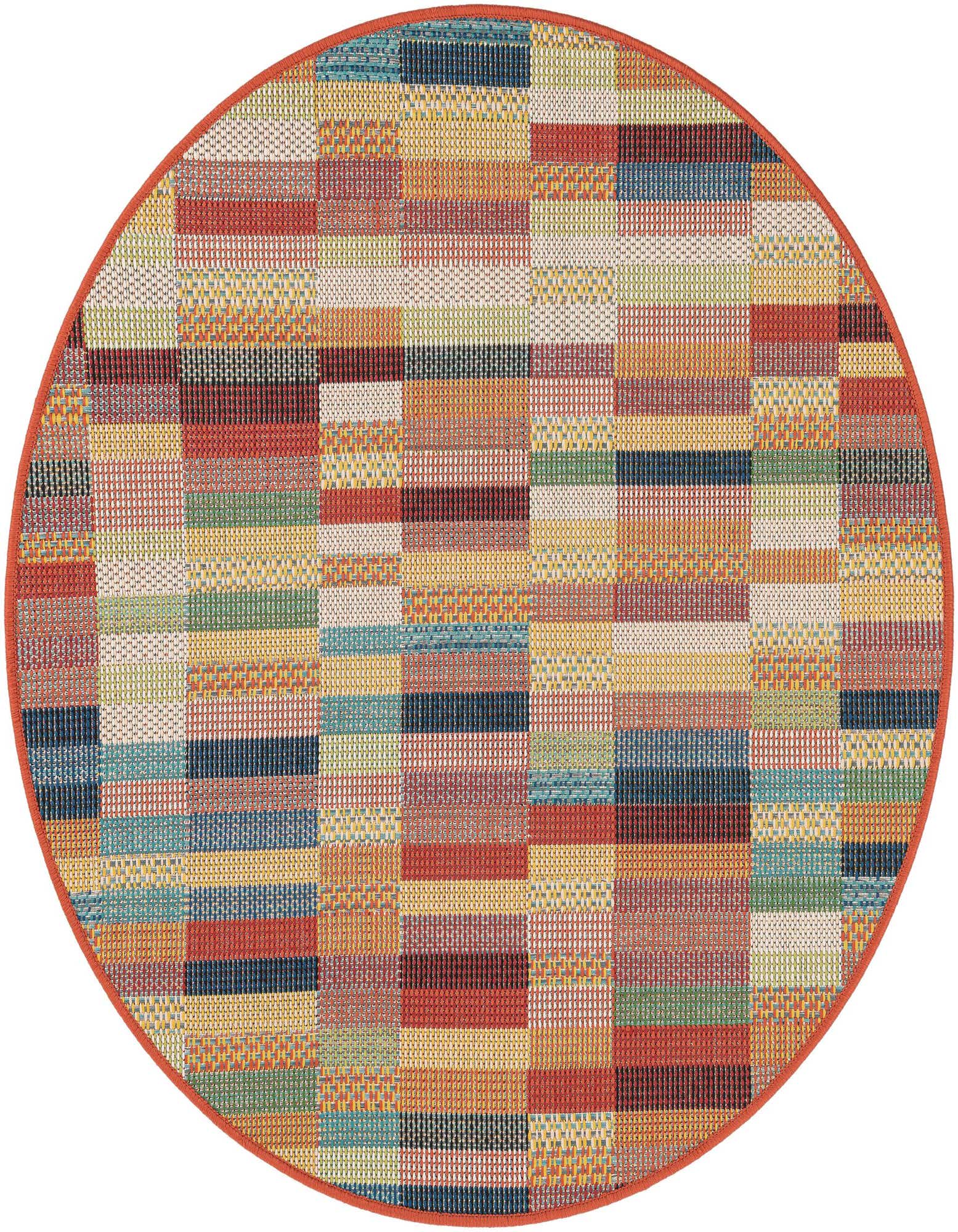 A 4' 1 round multi-colored modern stripe rug with an orange border, suitable for indoor or outdoor use.