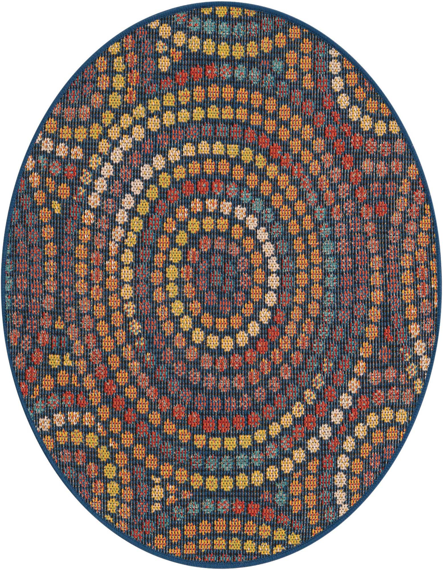 A 3' 3 x 3' 3 round, multi-colored Baja Outdoor rug with a modern abstract dotted spiral pattern on a dark blue background.