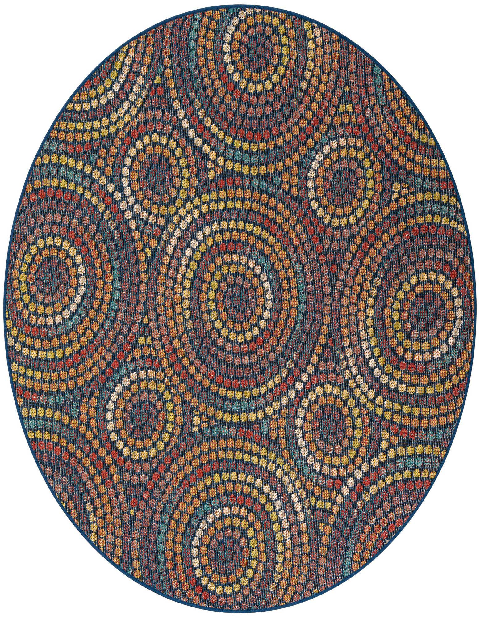 A 6' 1 round multi-colored rug with a modern abstract pattern of concentric circles, ideal for indoor or outdoor use.