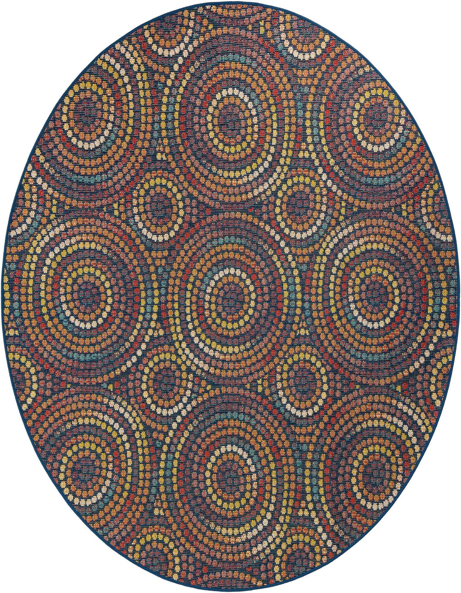 A 7' 10 round multi-colored rug with a modern abstract pattern of concentric circles, suitable for indoor or outdoor use.
