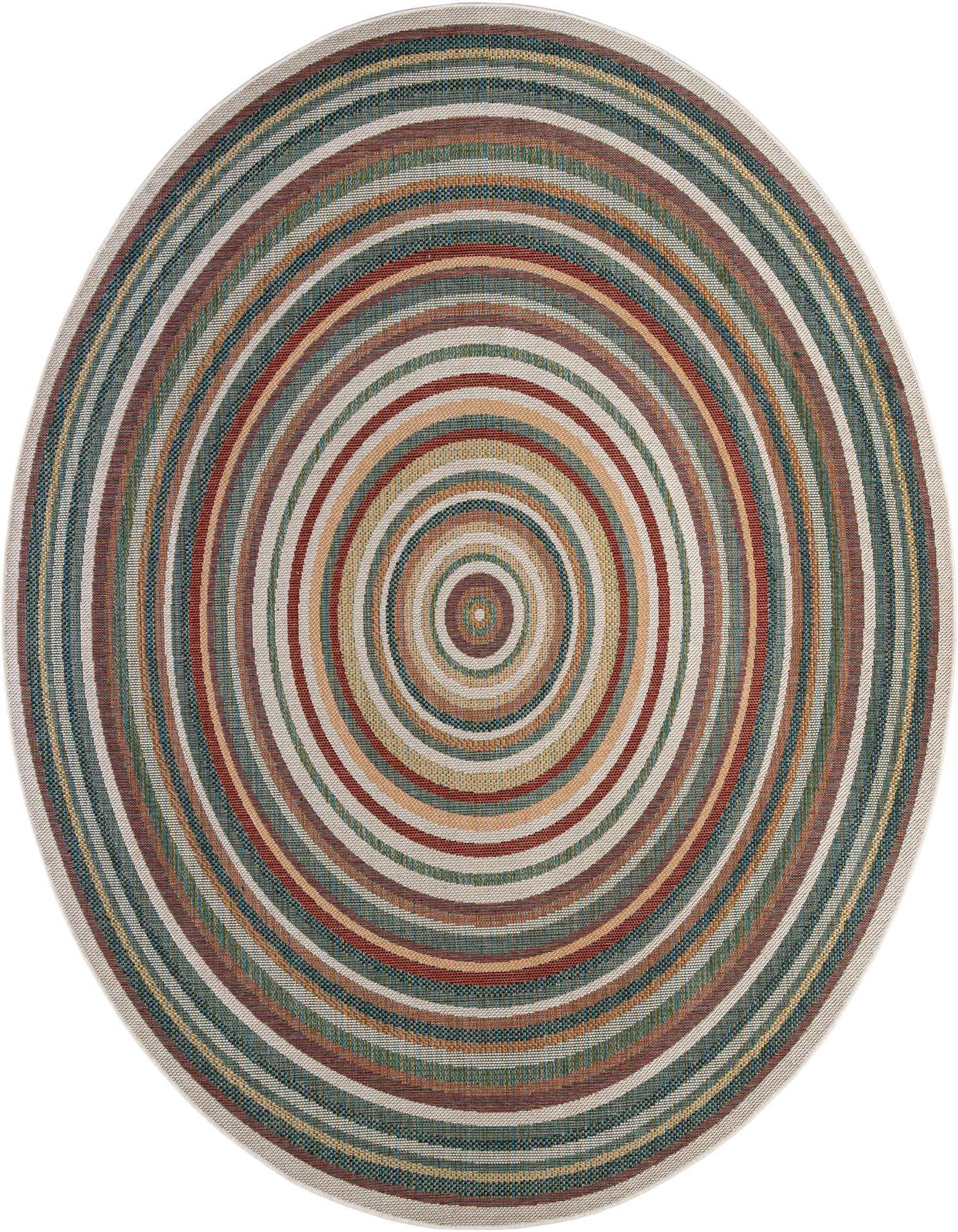 A 10' round multi-colored rug with concentric stripes in teal, rust, beige, and brown, suitable for indoor or outdoor use.