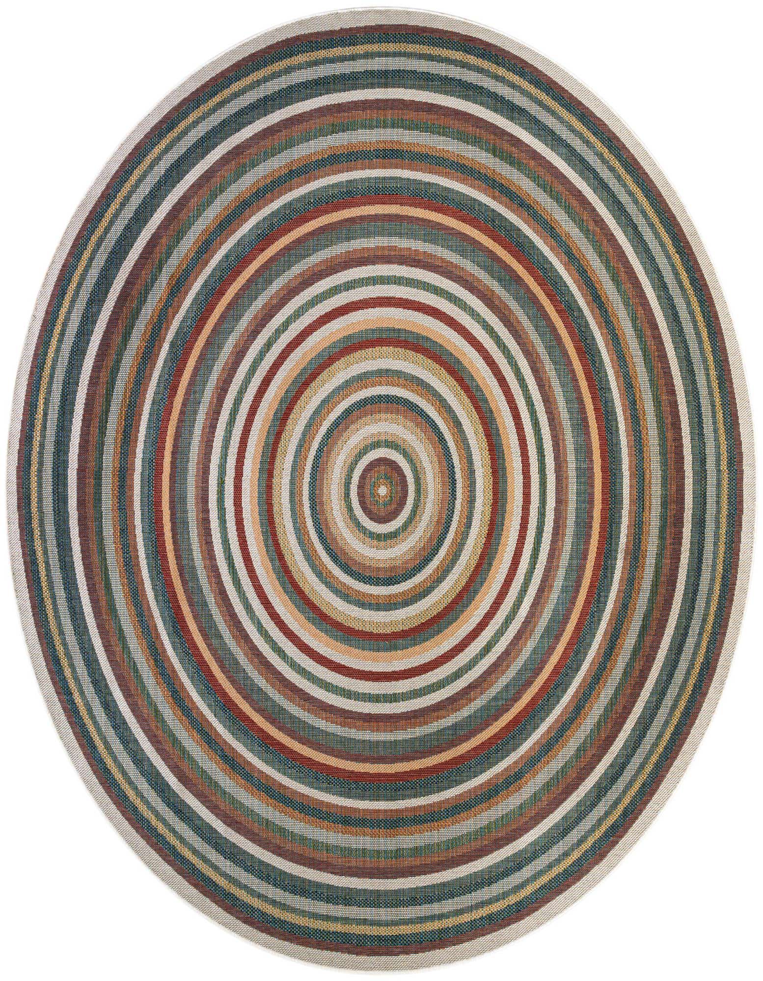 A 12' round multi-colored modern rug with concentric stripes in shades of teal, brown, red, and orange, suitable for a patio.