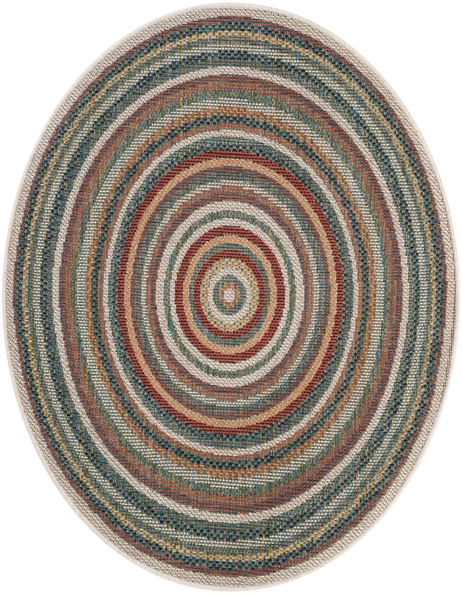 A 4' round multi-colored modern rug with concentric stripes in teal, rust, beige, and brown, suitable for indoor or outdoor use.