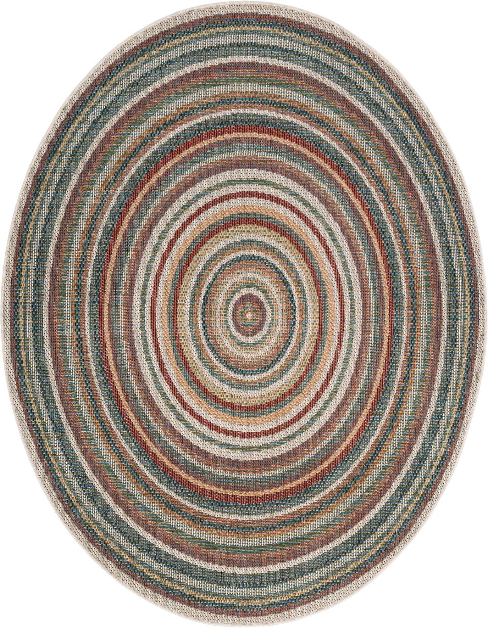 A 6' round multi-colored modern stripe rug with concentric circles of various hues, suitable for indoor or outdoor use.