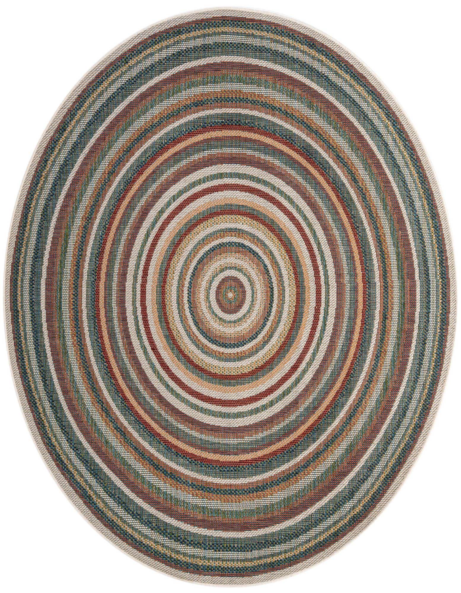 A 7' round multi-colored modern stripe rug, featuring concentric circles of various hues, suitable for indoor or outdoor use.