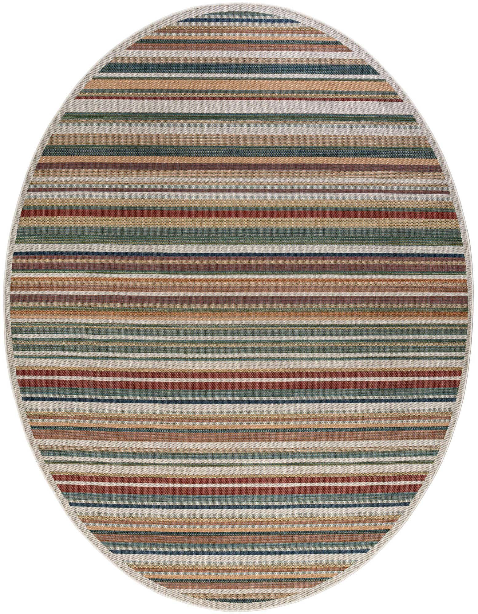 A 12-foot round multi-colored modern stripe rug, suitable for indoor or outdoor use on a patio.