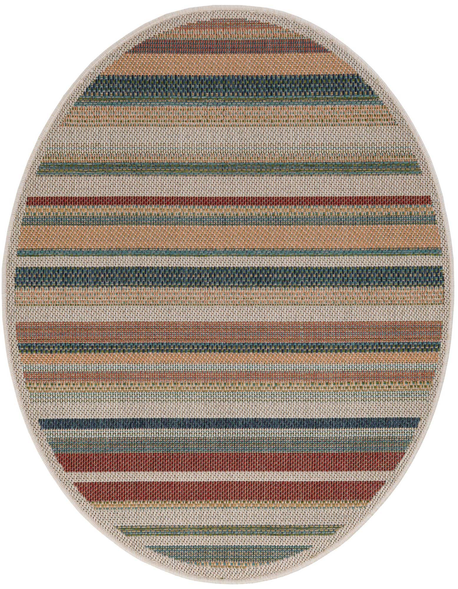 A 4' round multi-colored modern stripe rug, featuring thin horizontal bands of blue, orange, red, and green on a light background.