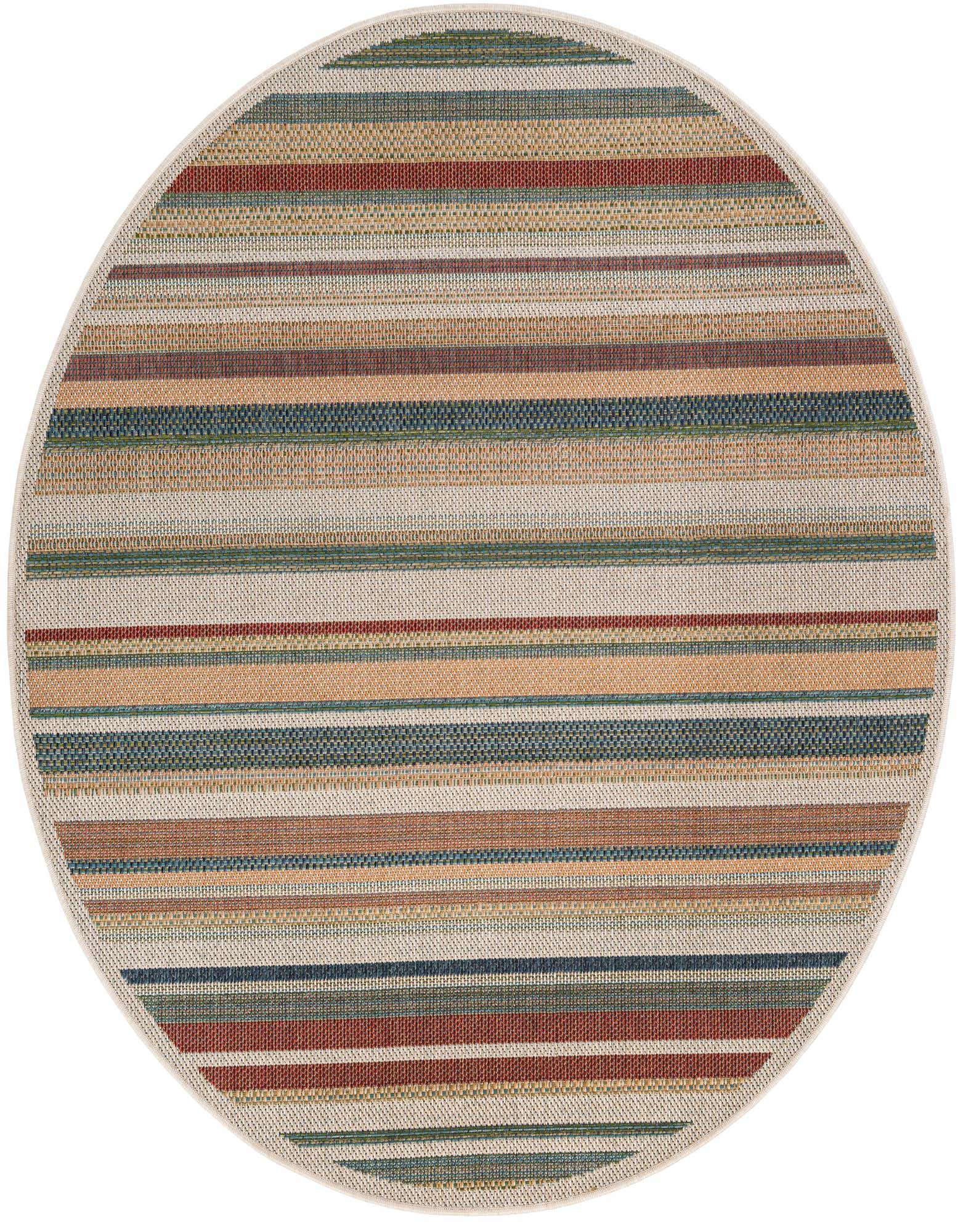 A 6' round multi-colored striped rug from the Baja Outdoor collection, featuring thin bands of beige, blue, green, and red, suitable for indoor or outdoor use.