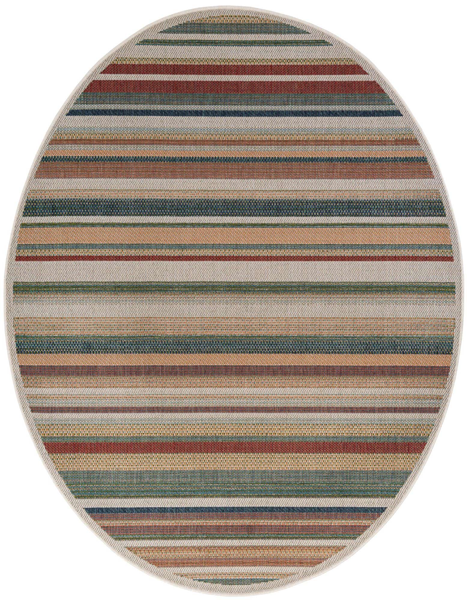 A 7-foot round multi-colored modern stripe rug, featuring thin horizontal bands of various earthy tones and blues, suitable for indoor or outdoor use.