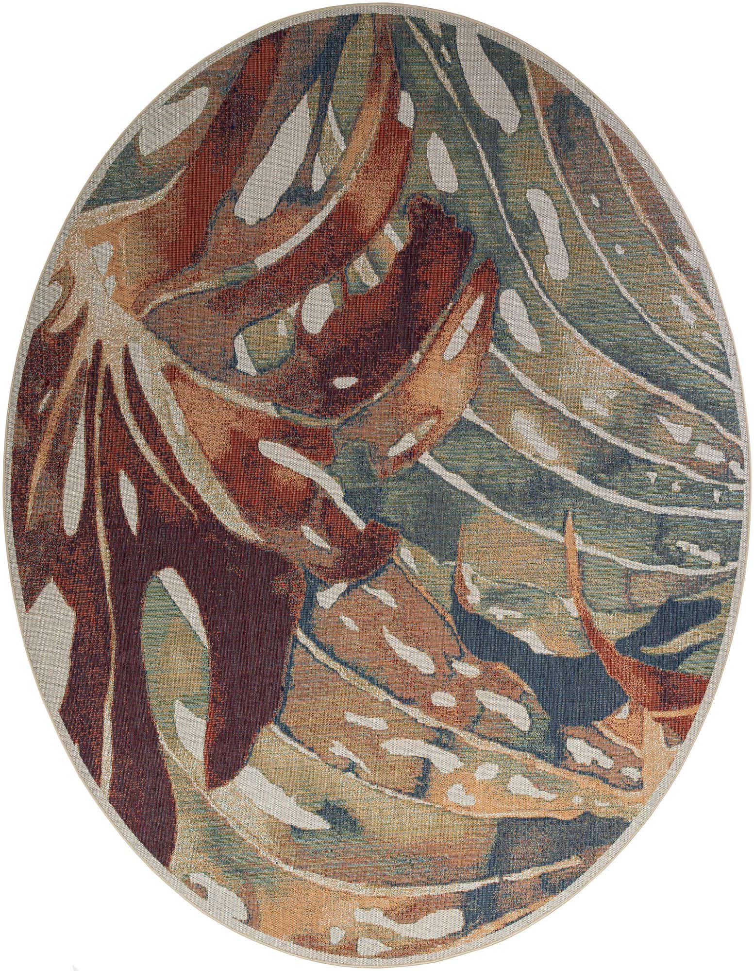 A 12-foot round multi-colored botanical rug featuring large, abstract leaves in shades of rust, teal, and blue.