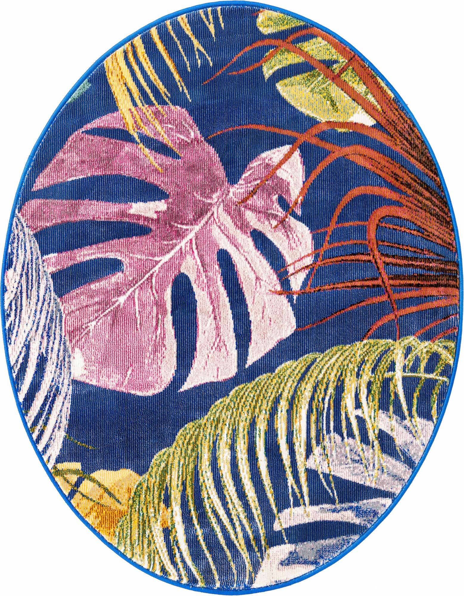 A 3' 3 x 3' 3 round multi-colored botanical rug with large pink monstera leaves and green and yellow palm fronds on a deep blue background.