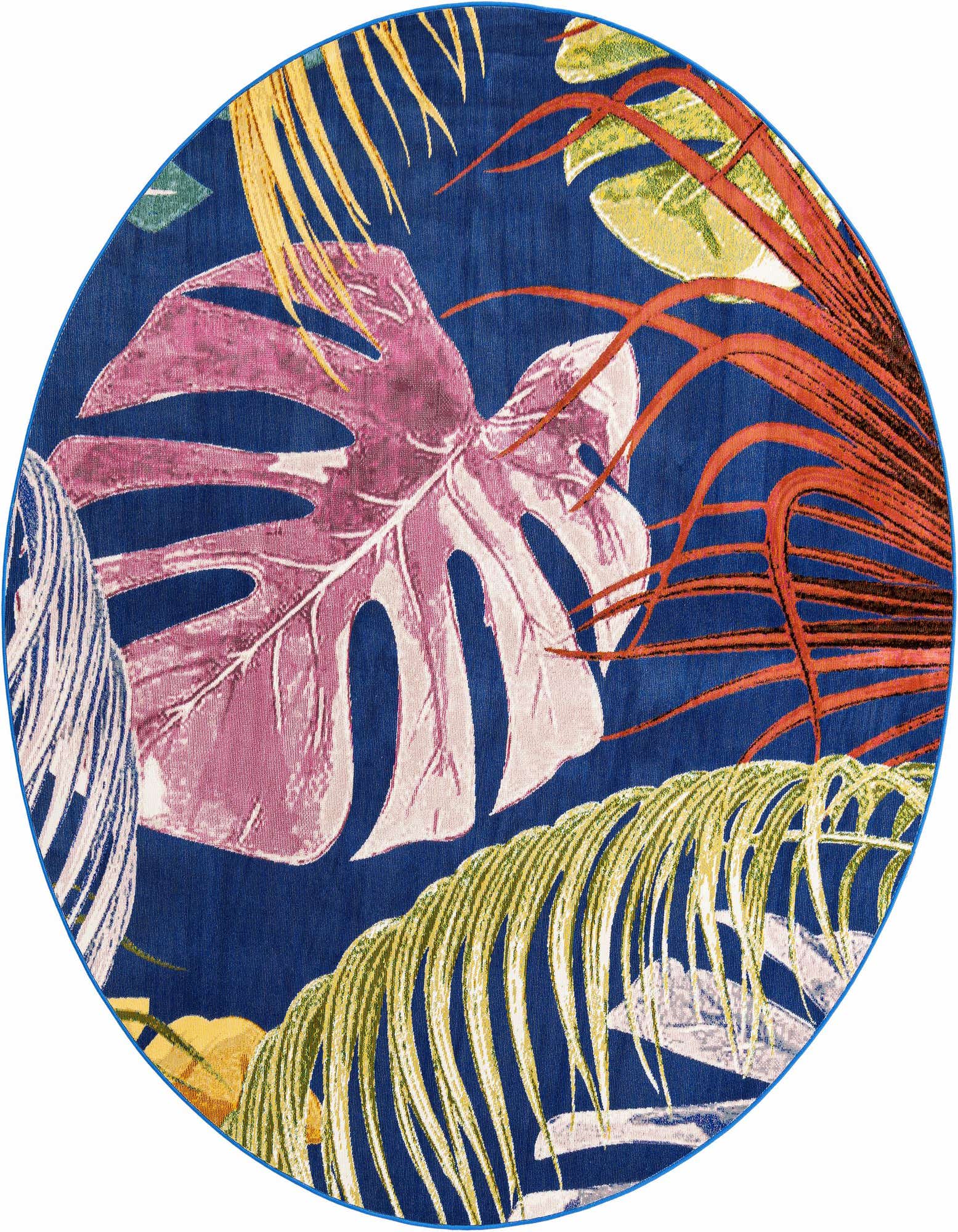 A vibrant 7' round rug featuring large pink monstera leaves and green, yellow, and red palm fronds on a deep blue background.