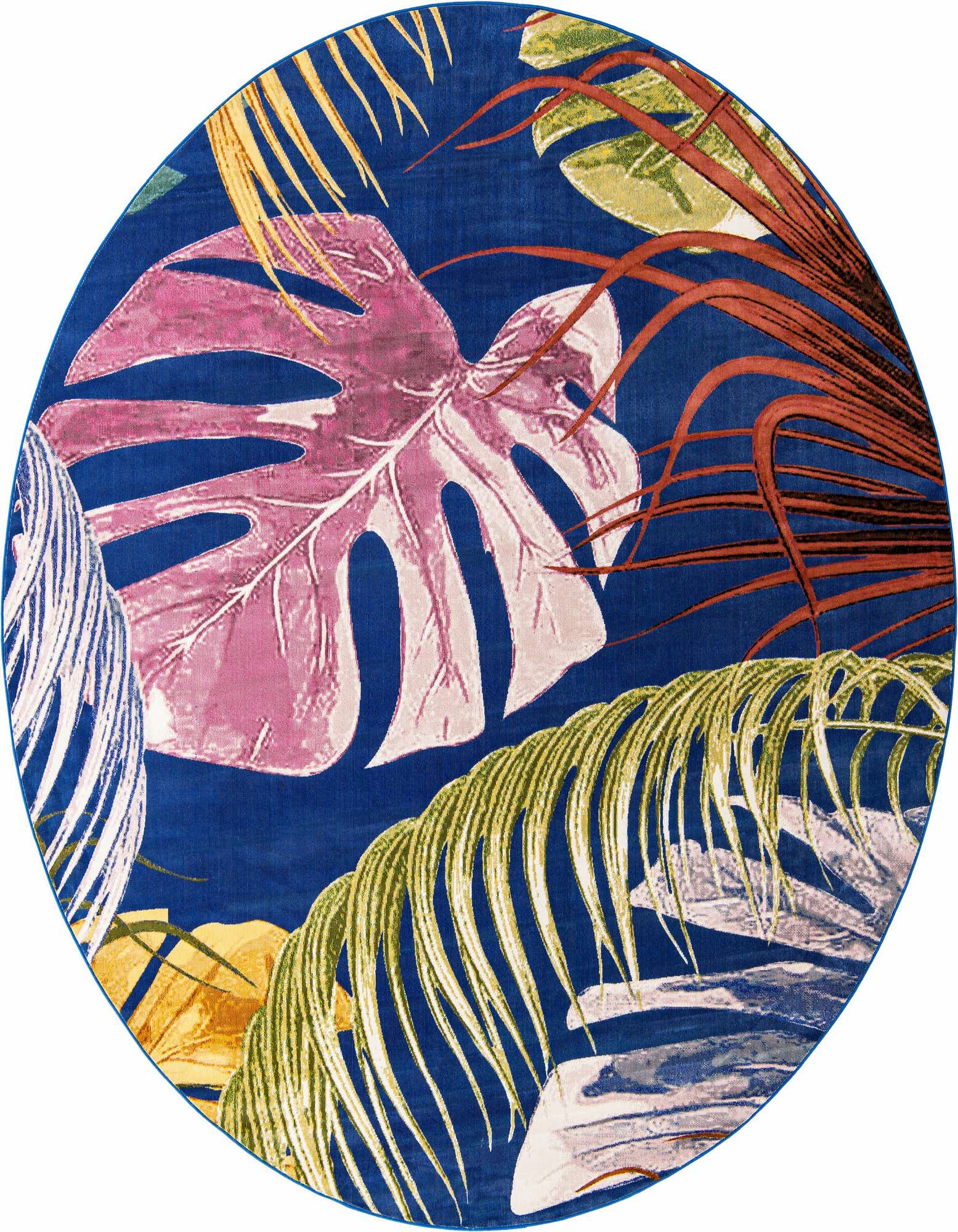 A 10-foot round rug featuring a vibrant multi-colored botanical pattern with large pink monstera leaves and green, yellow, and red palm fronds on a deep blue background.
