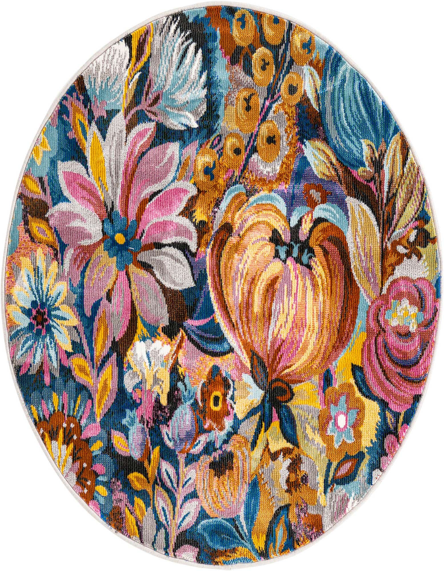 A vibrant multi-colored round rug featuring a dense modern floral and tropical pattern with large pink, orange, blue, and yellow blooms on a dark background.