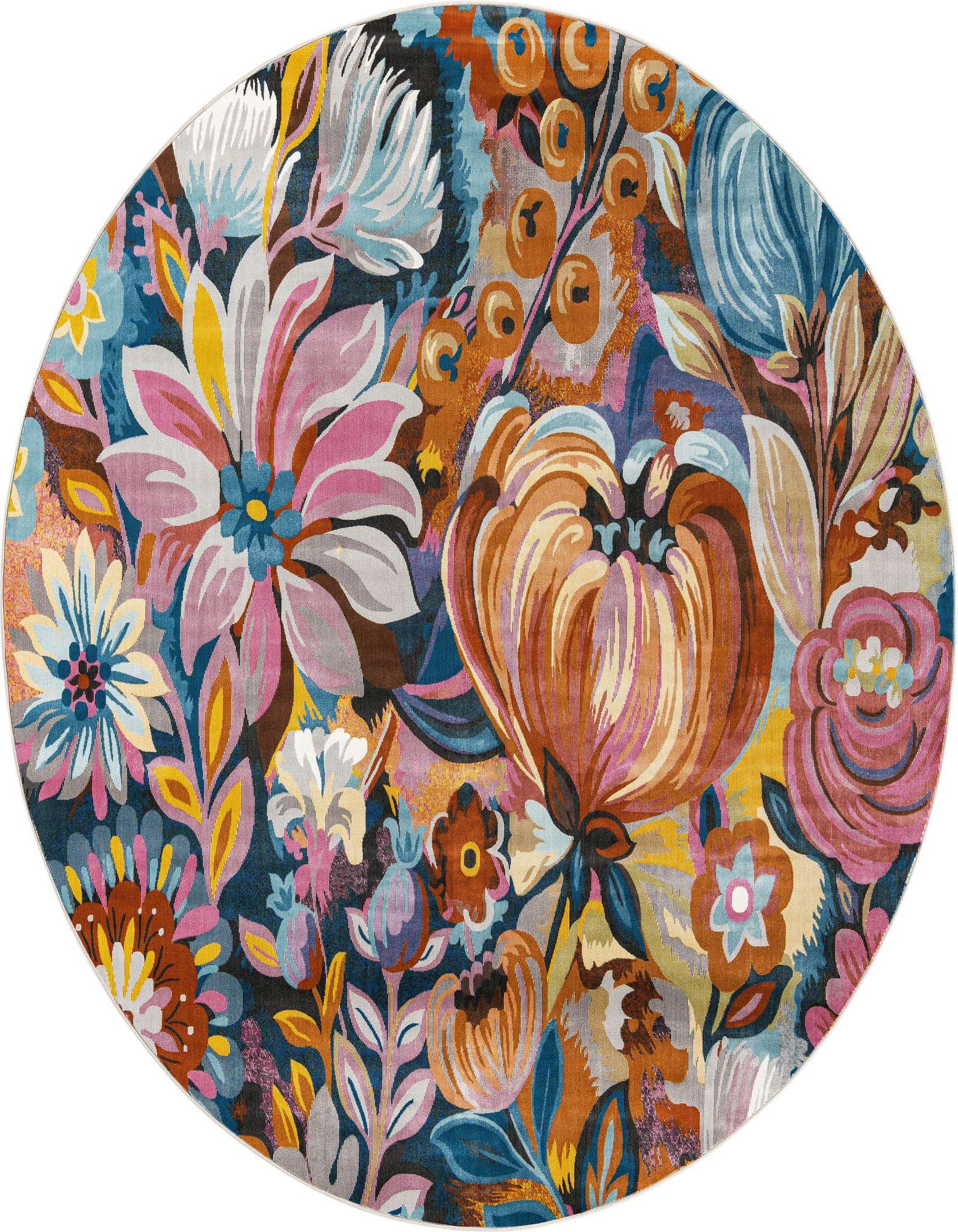 A vibrant 7' round multi-colored floral rug with large tropical blooms in pink, orange, blue, and yellow.