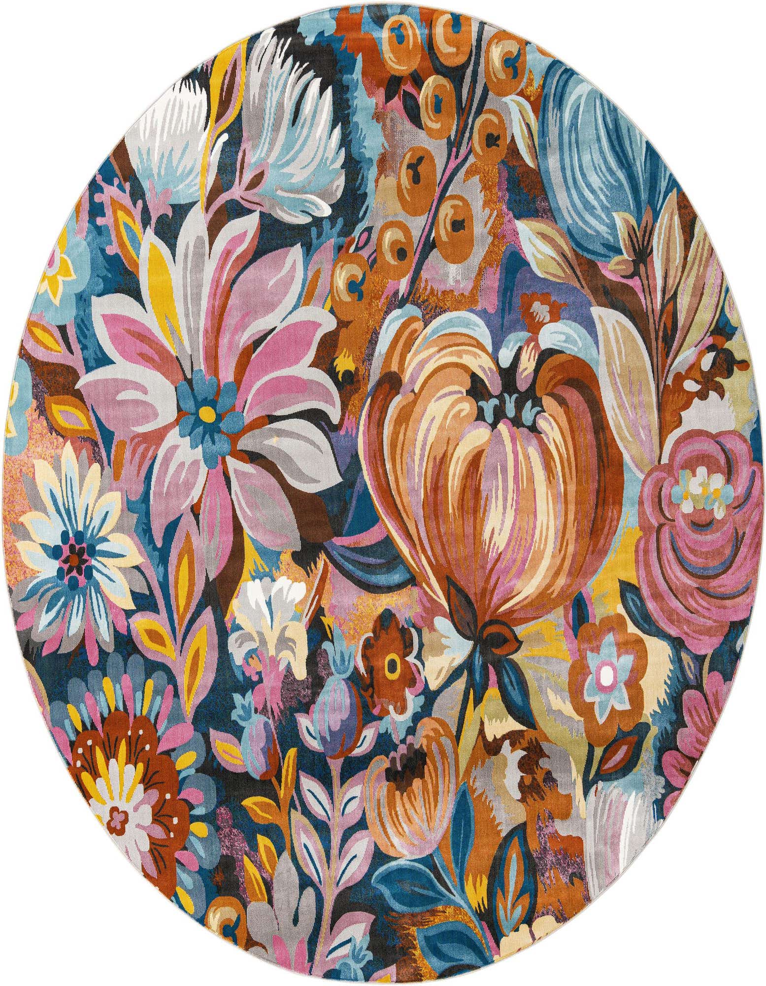 A 10' round multi-colored rug with a vibrant modern floral and botanical pattern, featuring large blooms in pink, orange, blue, and yellow on a dark background.