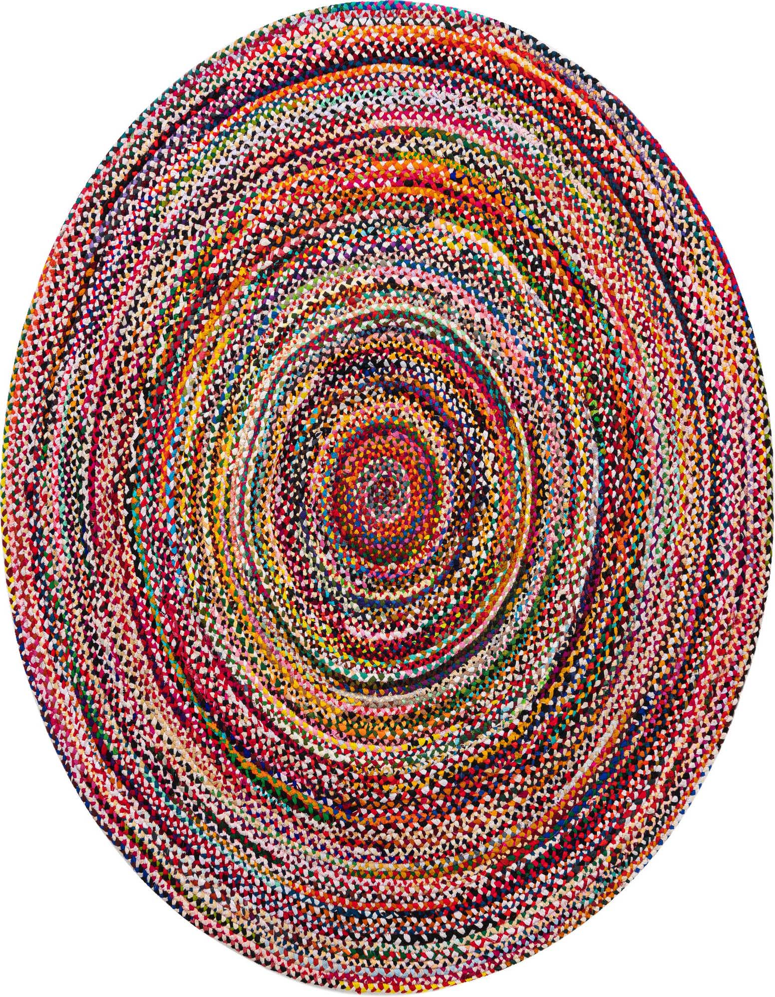 A vibrant, multi-colored round braided rug made from recycled cotton, featuring a spiral pattern of various hues.