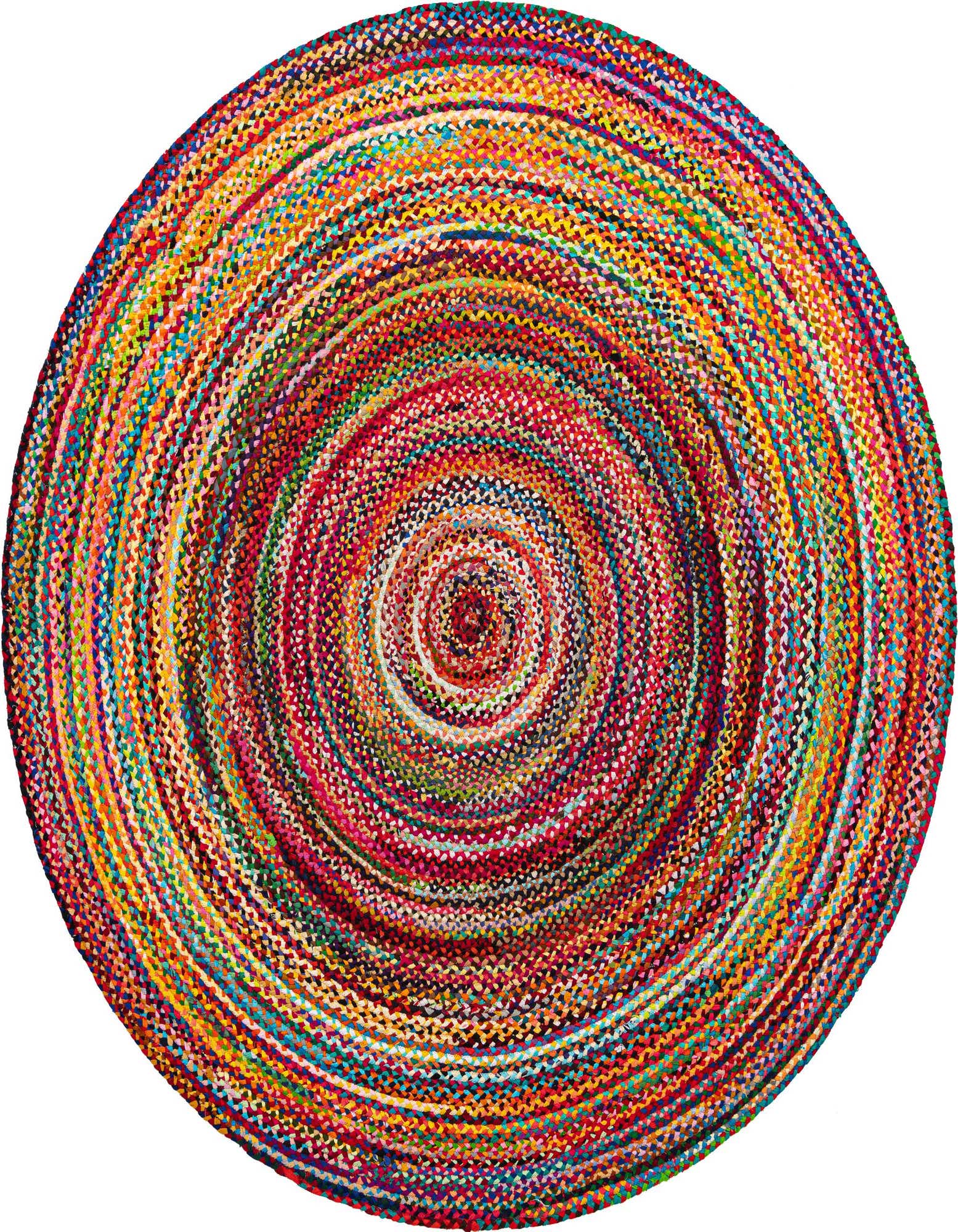 A vibrant, multi-colored round braided rug made from recycled cotton, featuring concentric circles of various bright hues.