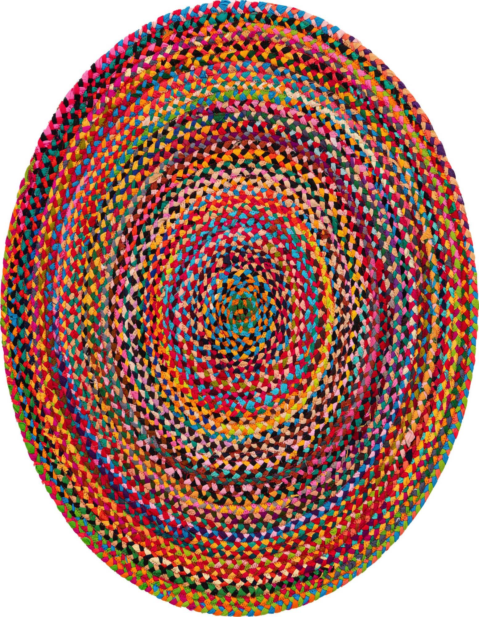 A vibrant 4' 1" round multi-colored braided chindi rug made from recycled cotton, featuring a textured, flatweave design.