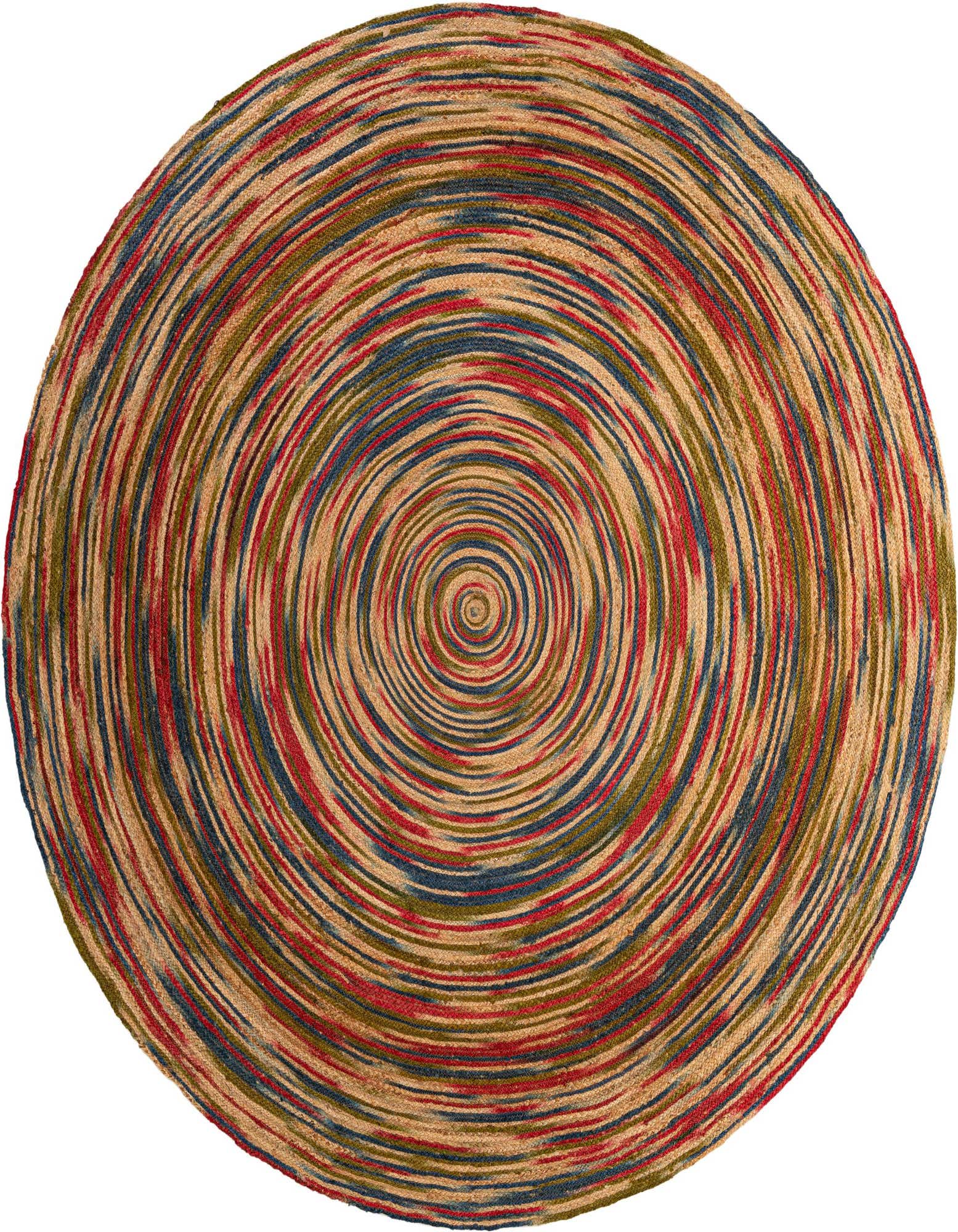 A 10-foot round Braided Jute rug by Rugs.com, featuring a multi-colored spiral pattern in red, blue, and green on natural jute.