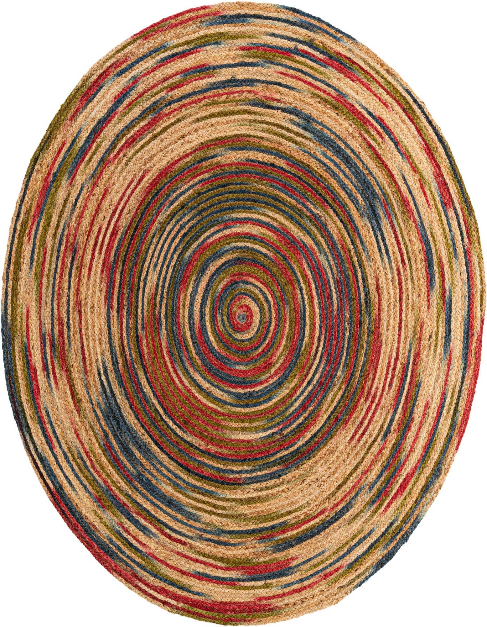 A round, multi-colored braided jute rug featuring concentric circles of natural tan, red, blue, and green.