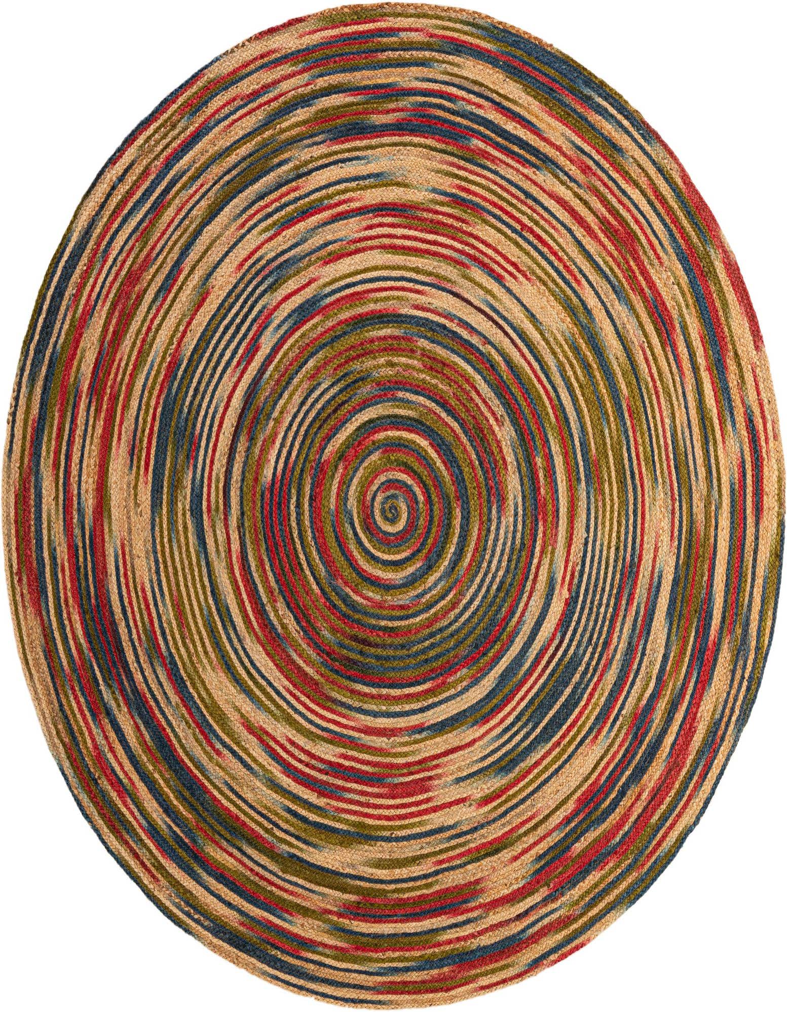 A 7' 10" round multi-colored jute rug with a modern spiral pattern in red, blue, and olive green.