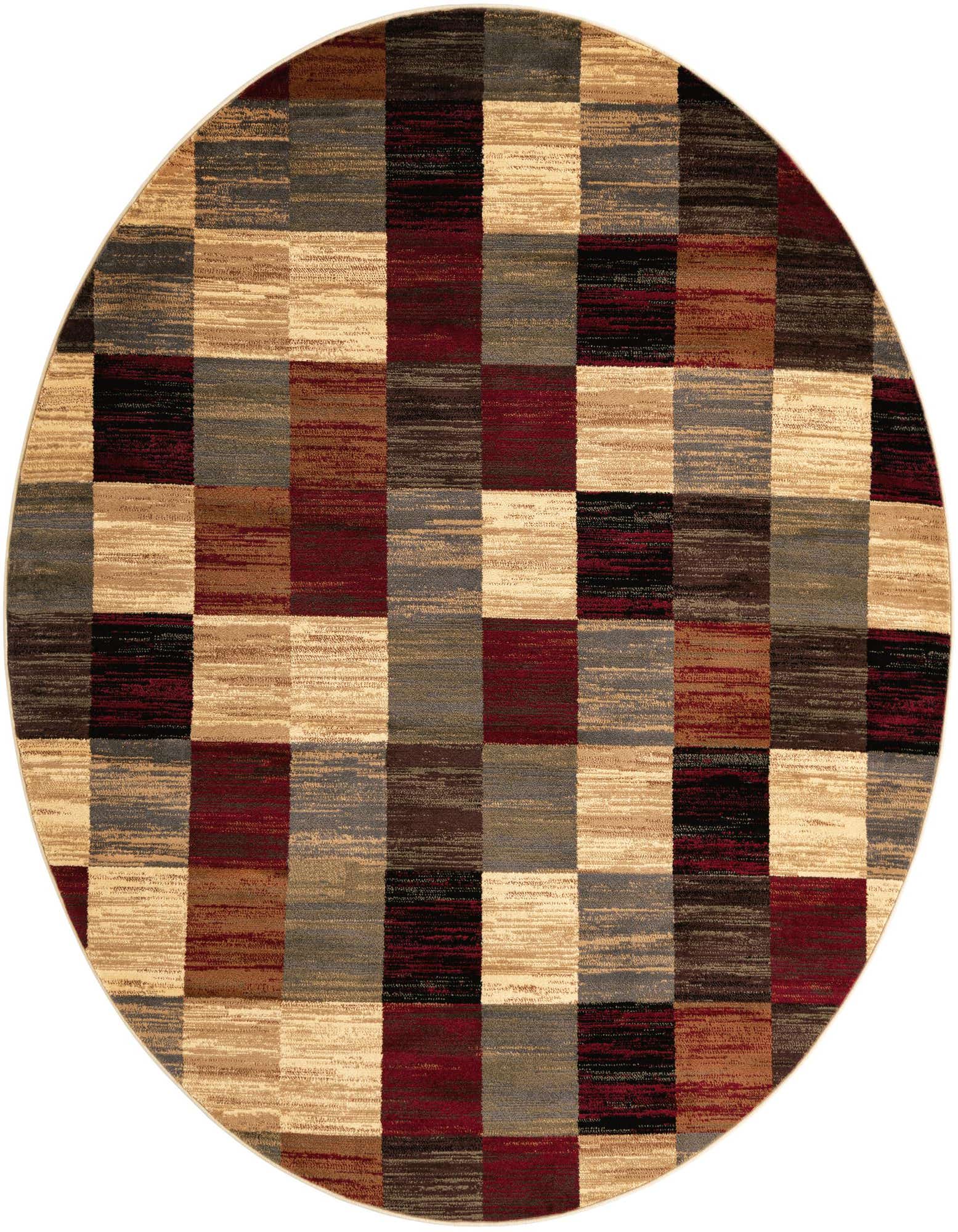 A 7' 10 round multi-colored rug with an abstract checkered pattern in shades of red, brown, beige, black, and gray.
