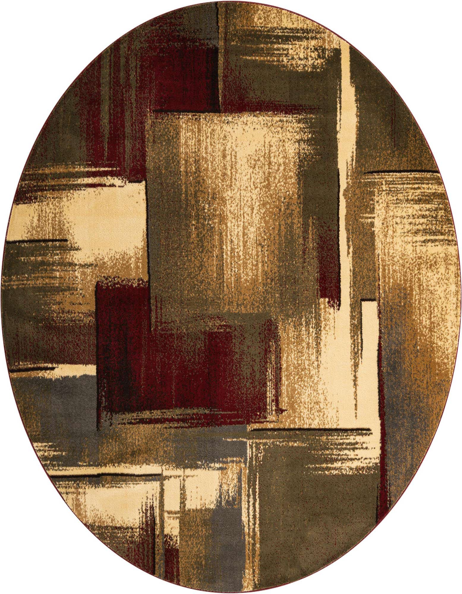 A 7' 10 round multi-colored rug with an abstract, urban pattern in shades of red, gold, beige, and gray, suitable for a modern living space.