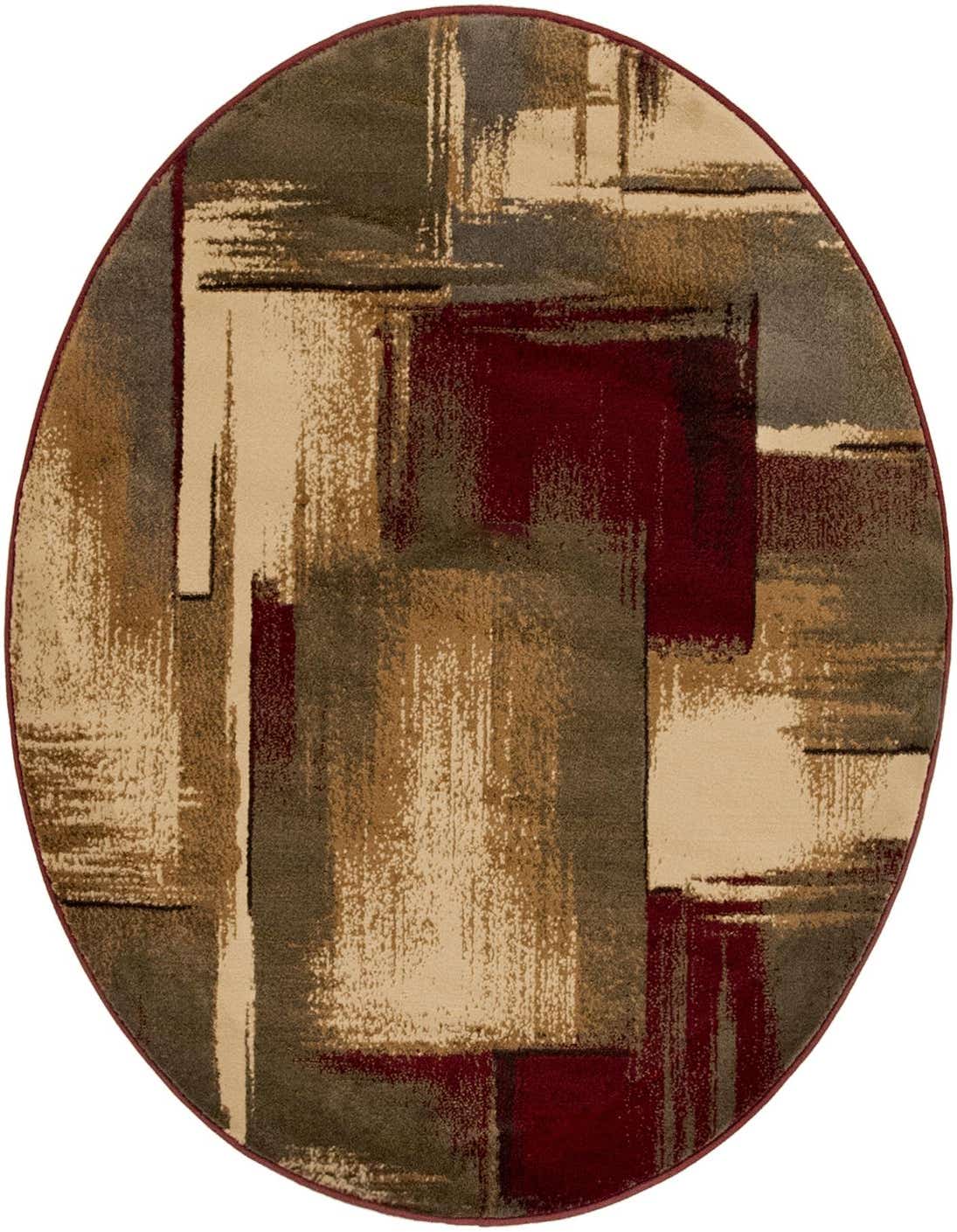 A 4' round multi-colored rug with an abstract, urban pattern in shades of red, beige, brown, and grey.