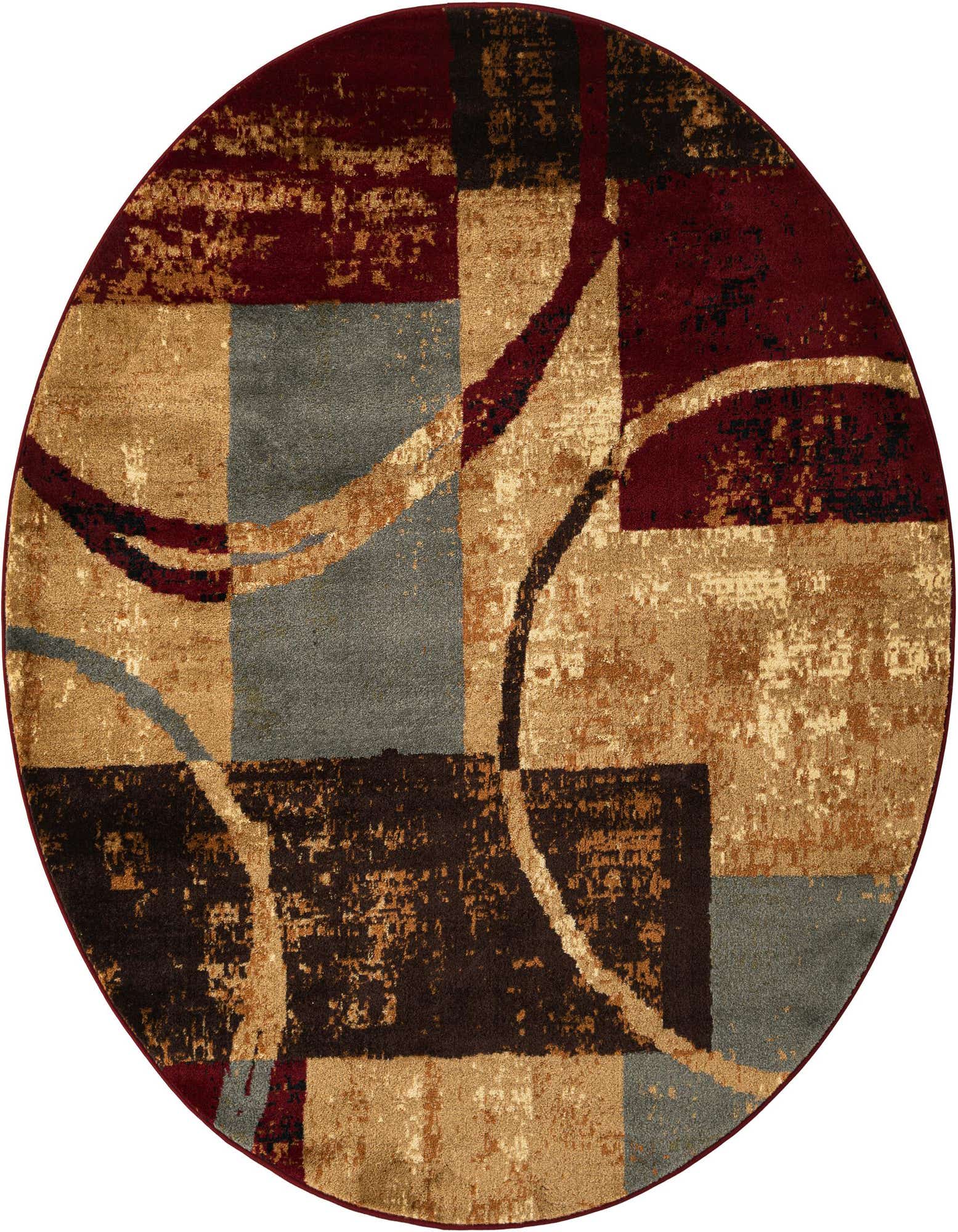 A 6' 0 x 6' 0 round multi-colored abstract rug with blocks of brown, gold, grey, and burgundy, accented with curved lines.