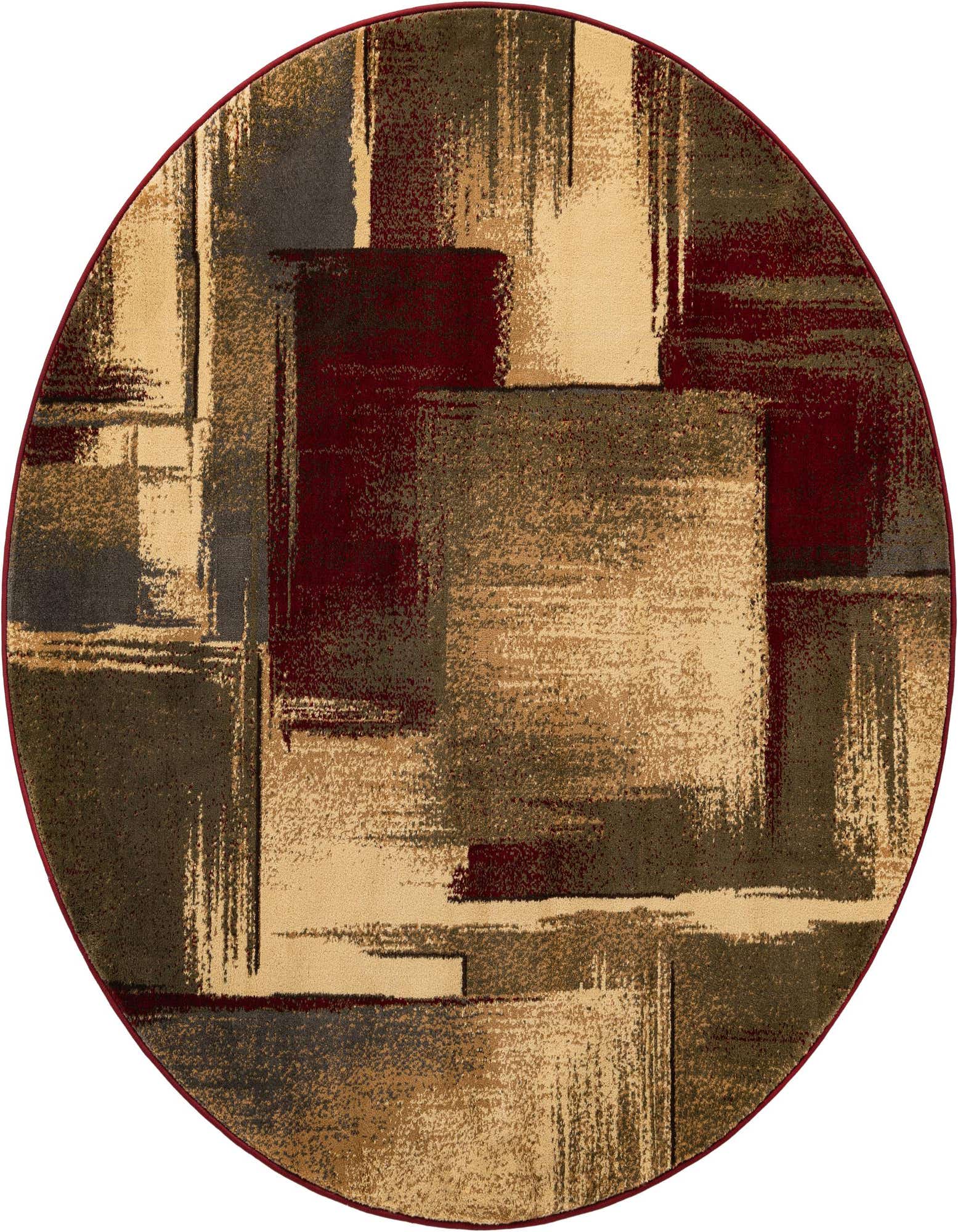 A 6' round multi-colored rug with an abstract pattern featuring shades of beige, brown, grey, and deep red.