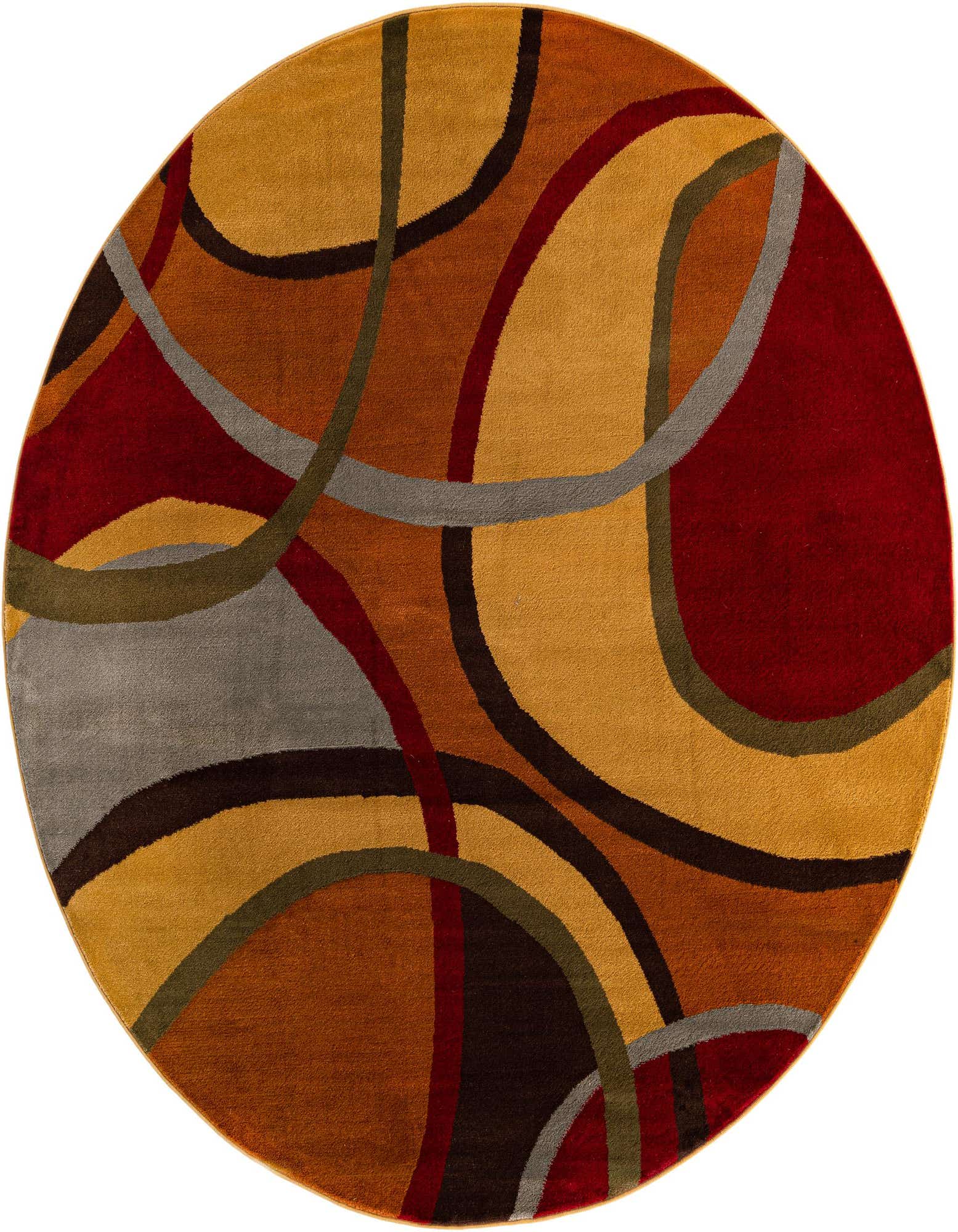 A 3' round multi-colored rug with a modern abstract pattern featuring shades of red, gold, brown, and gray.