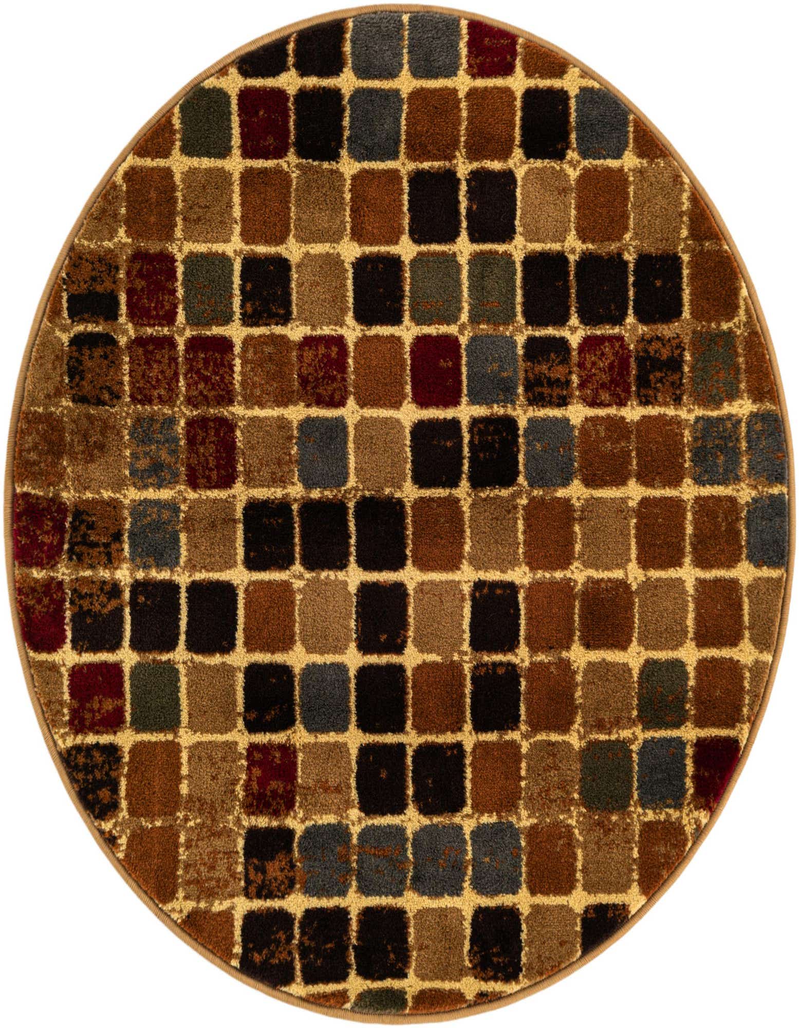 A round, multi-colored modern rug featuring a grid pattern of various brown, gray, and red squares on a tan background.