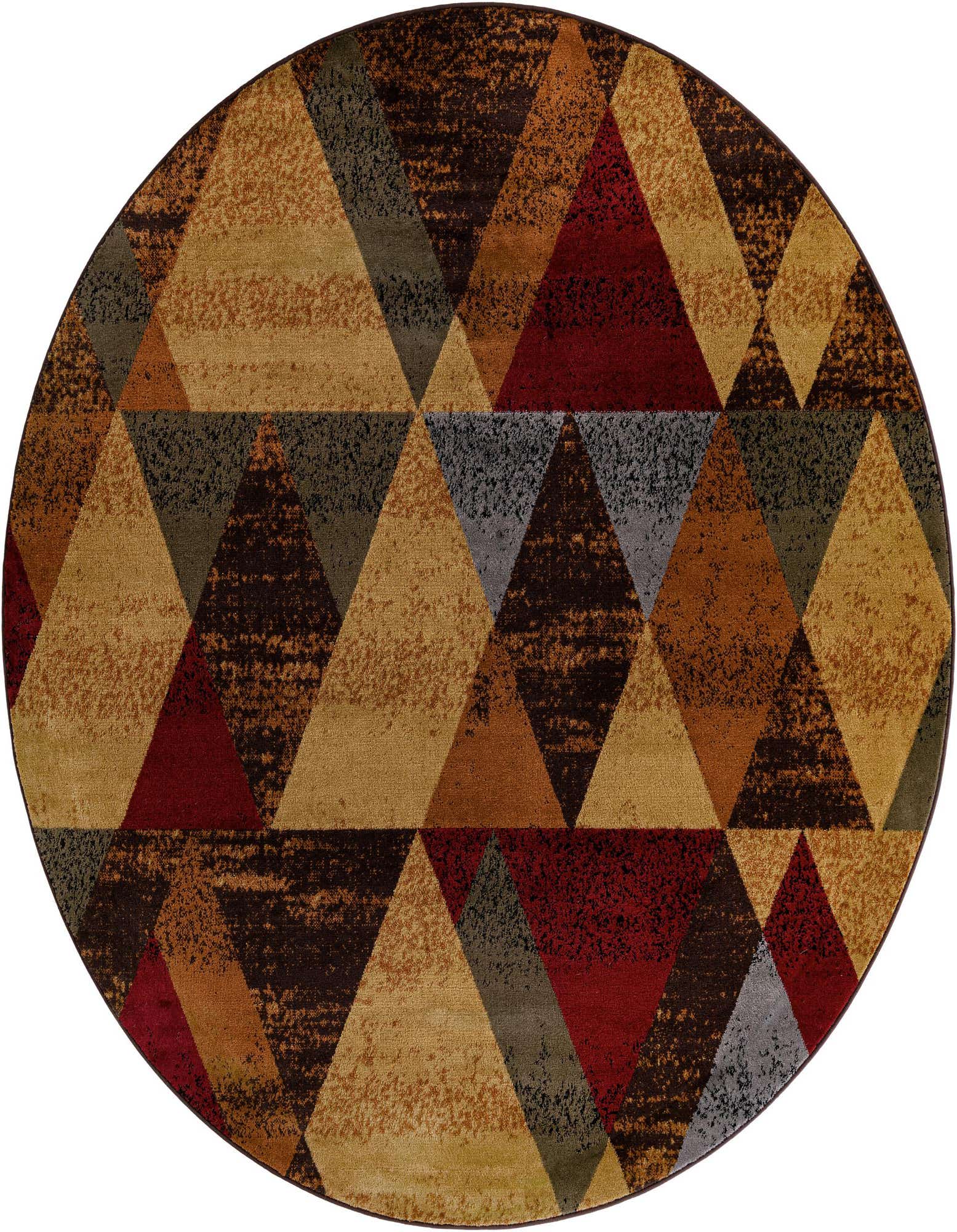 A round, multi-colored modern rug featuring a geometric pattern of triangles and diamond shapes in shades of gold, red, brown, and gray.