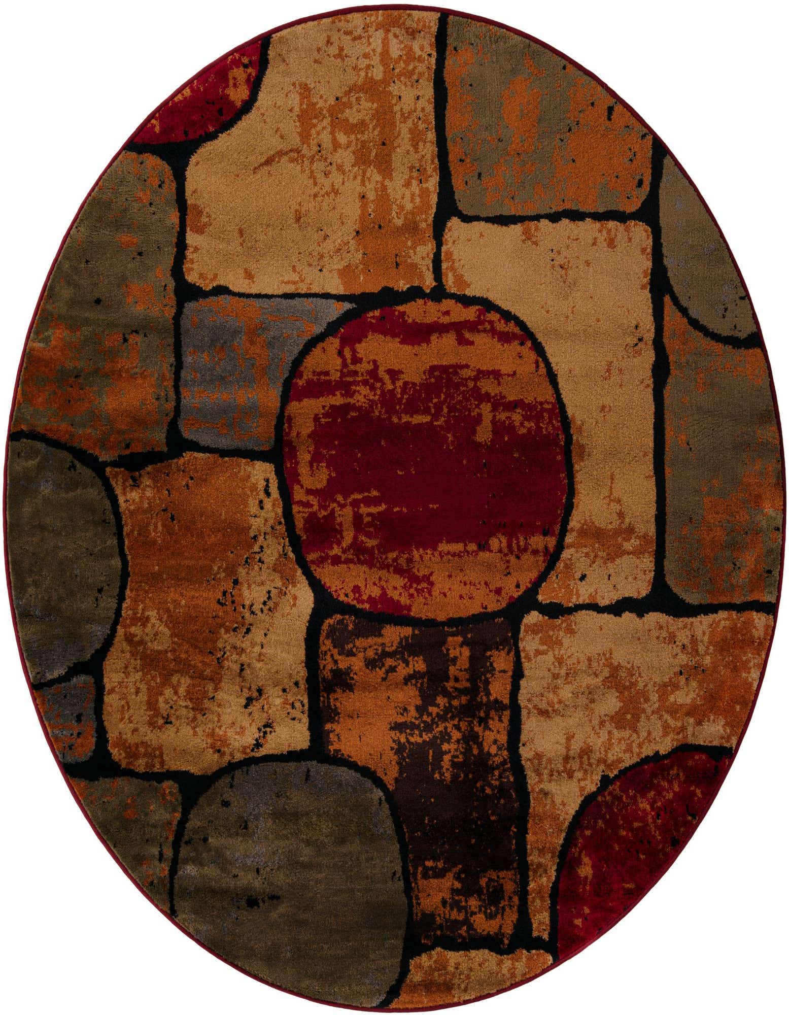 A 6' round multi-colored modern abstract rug featuring red, brown, tan, and gray block-like shapes with black outlines.