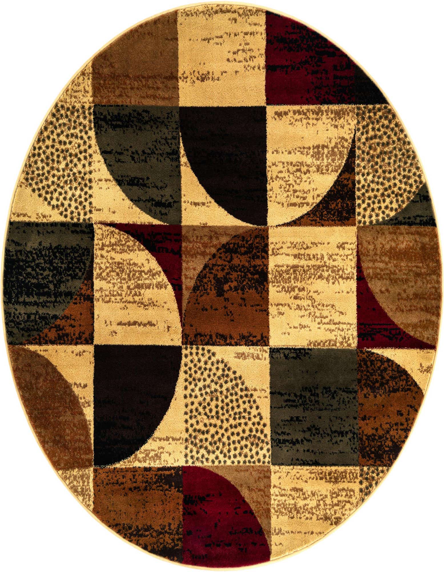 A 6' round multi-colored modern rug with geometric patterns in shades of brown, beige, black, and red.
