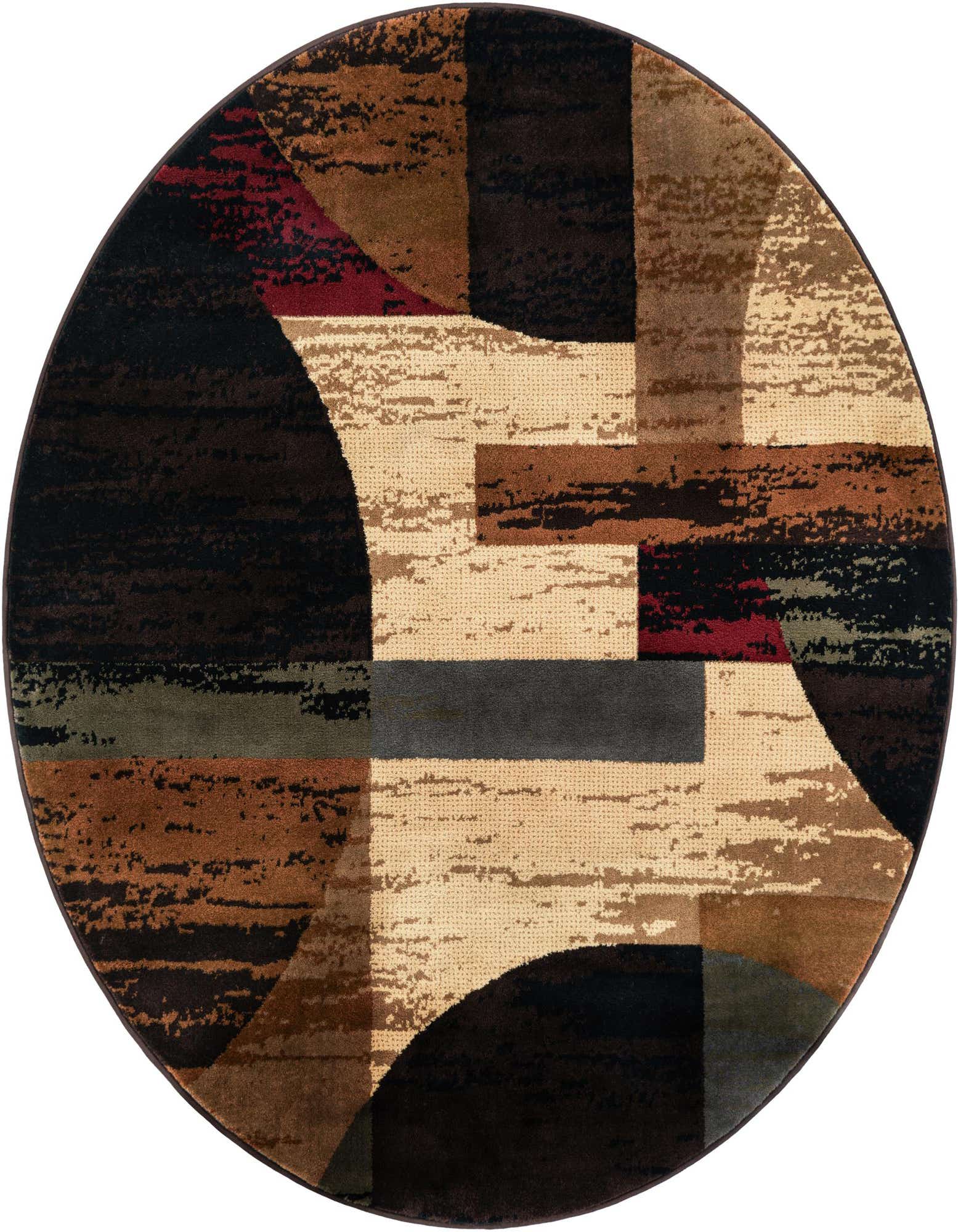 A 6' round multi-colored modern rug featuring abstract stripes and blocks in brown, black, beige, and maroon.