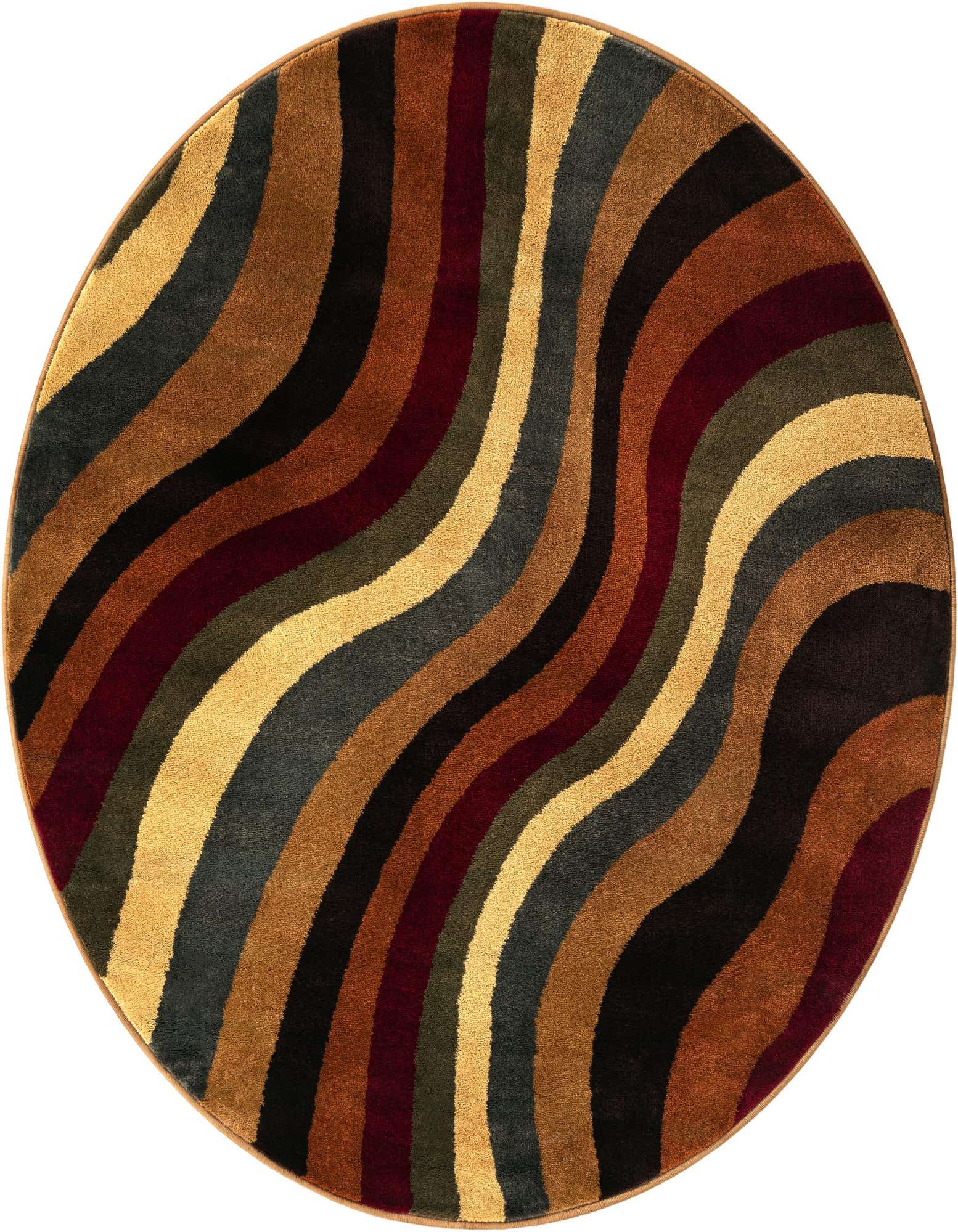A 5' 3 round modern rug with wavy stripes in shades of gold, brown, black, dark red, and grey.