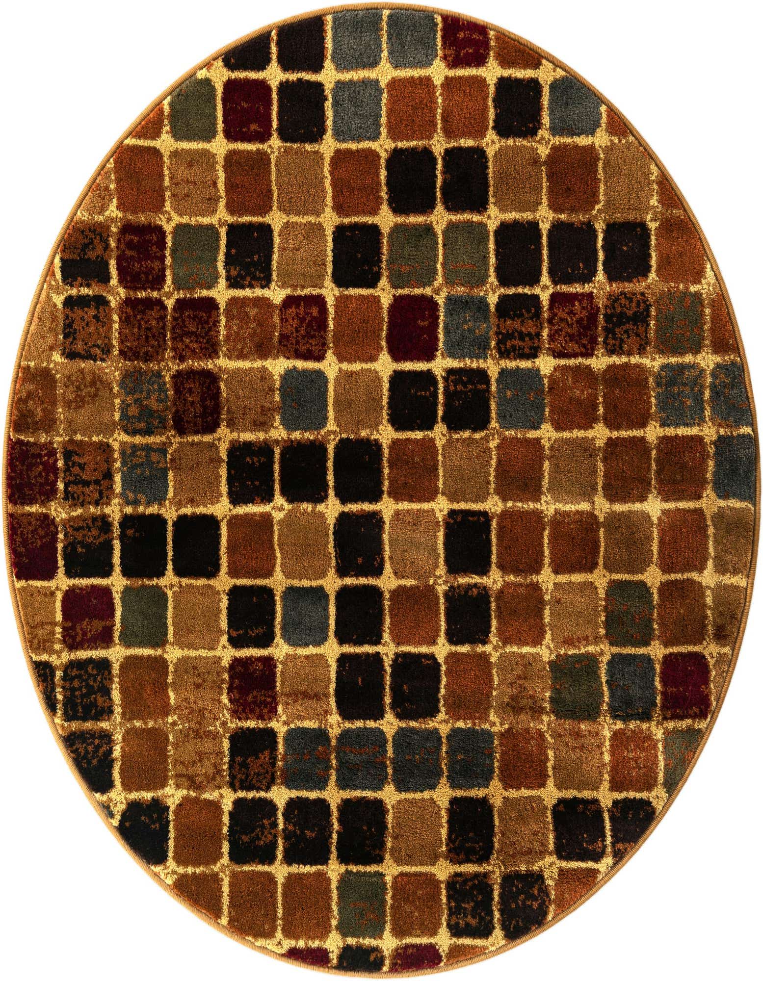 A 4' 0 x 4' 0 round multi-colored modern rug with a grid pattern of various brown, black, blue, and red squares.