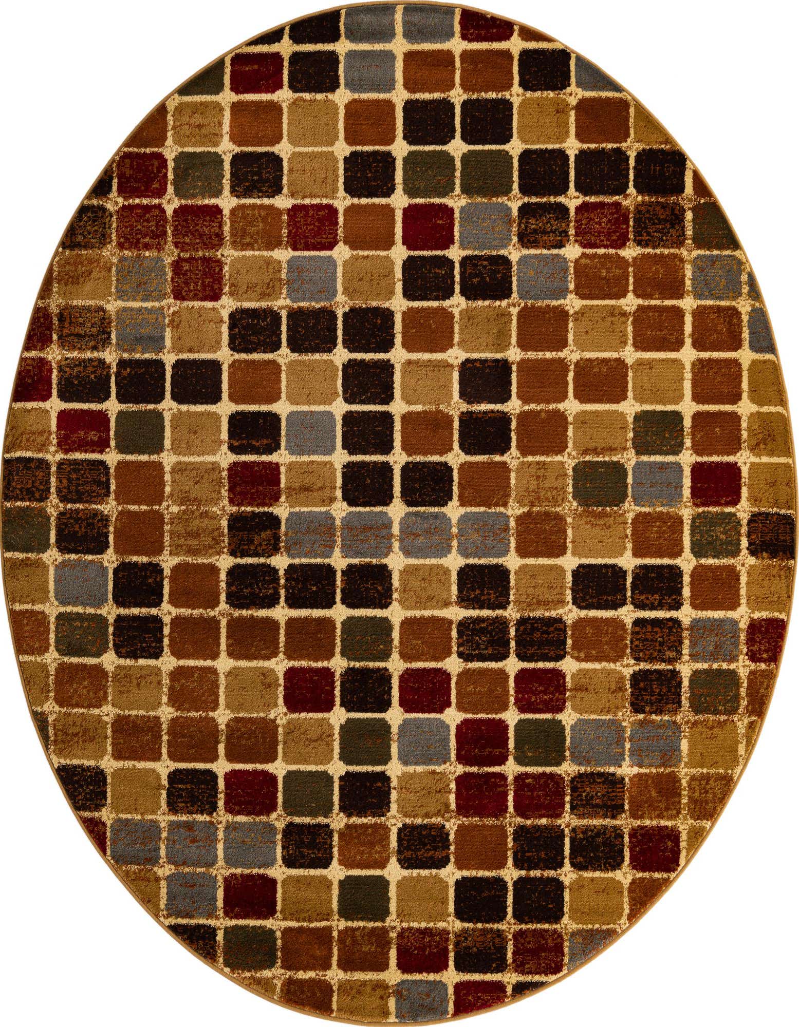 A 7' 10 round multi-colored modern rug with a grid pattern of varied brown, beige, red, and blue squares.