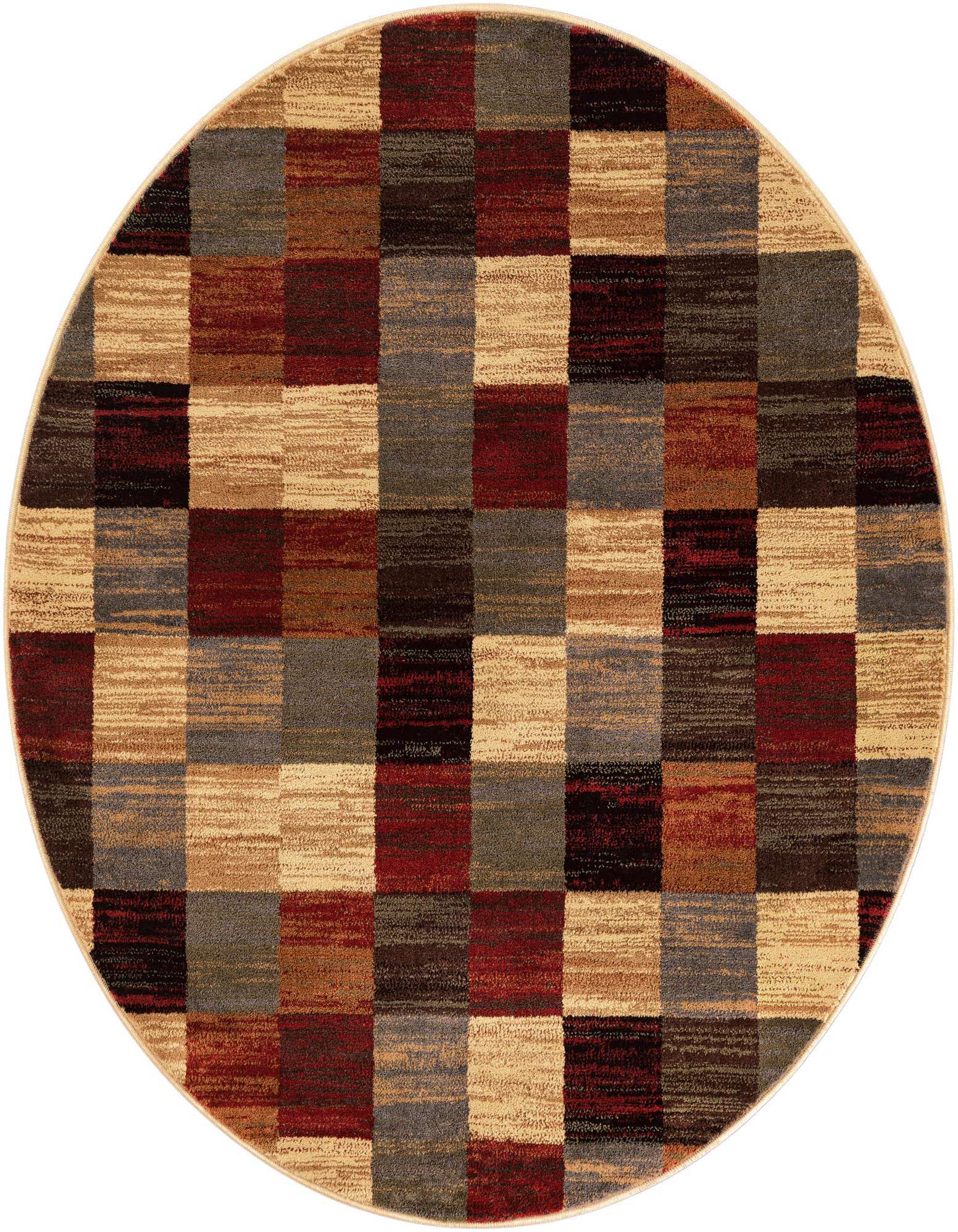 A 5' 3 round rug featuring a modern, abstract multi-colored checkered pattern in shades of red, brown, tan, and gray.