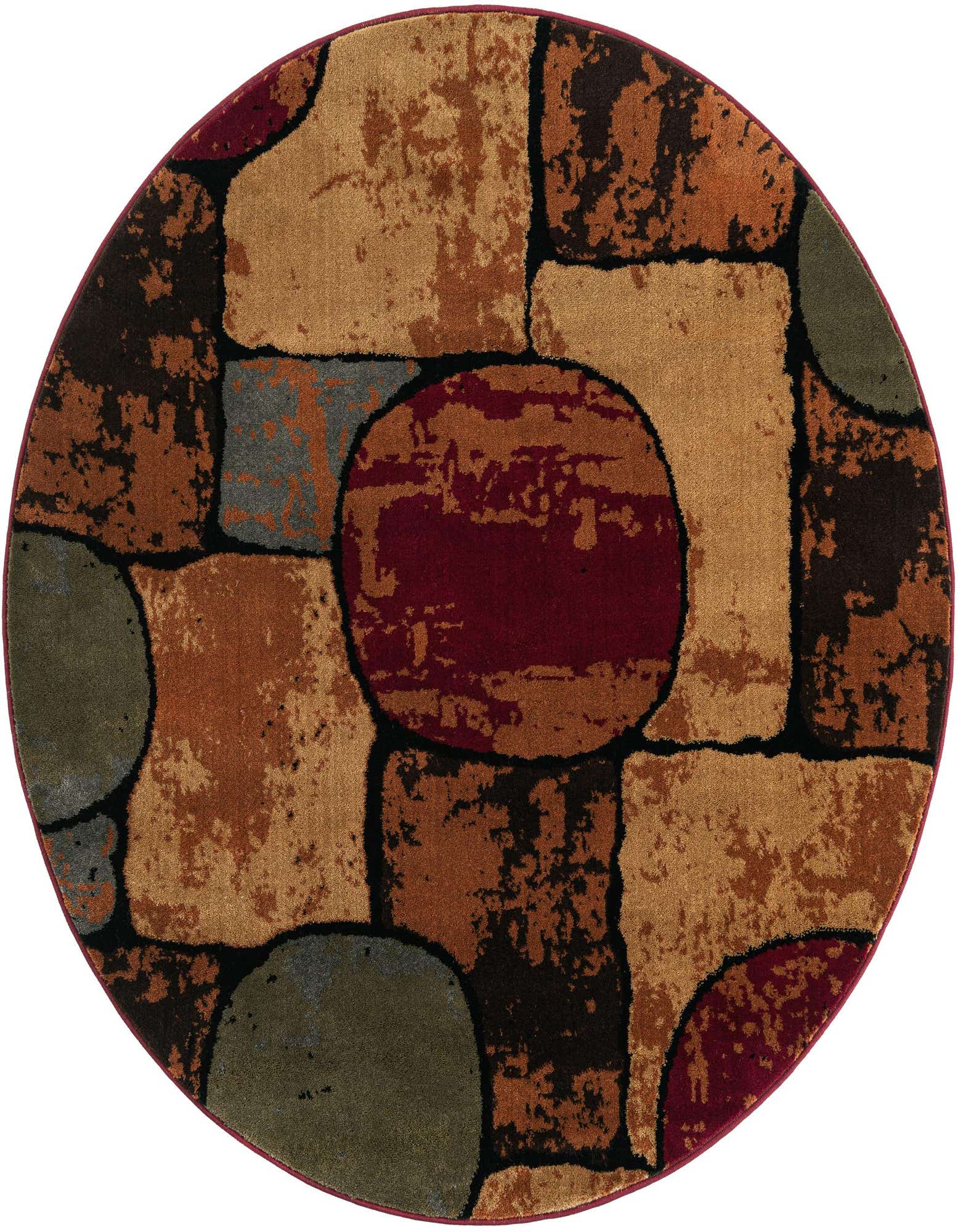A 5' 3 round modern abstract rug with multi-colored blocks and circles in shades of brown, red, and grey.