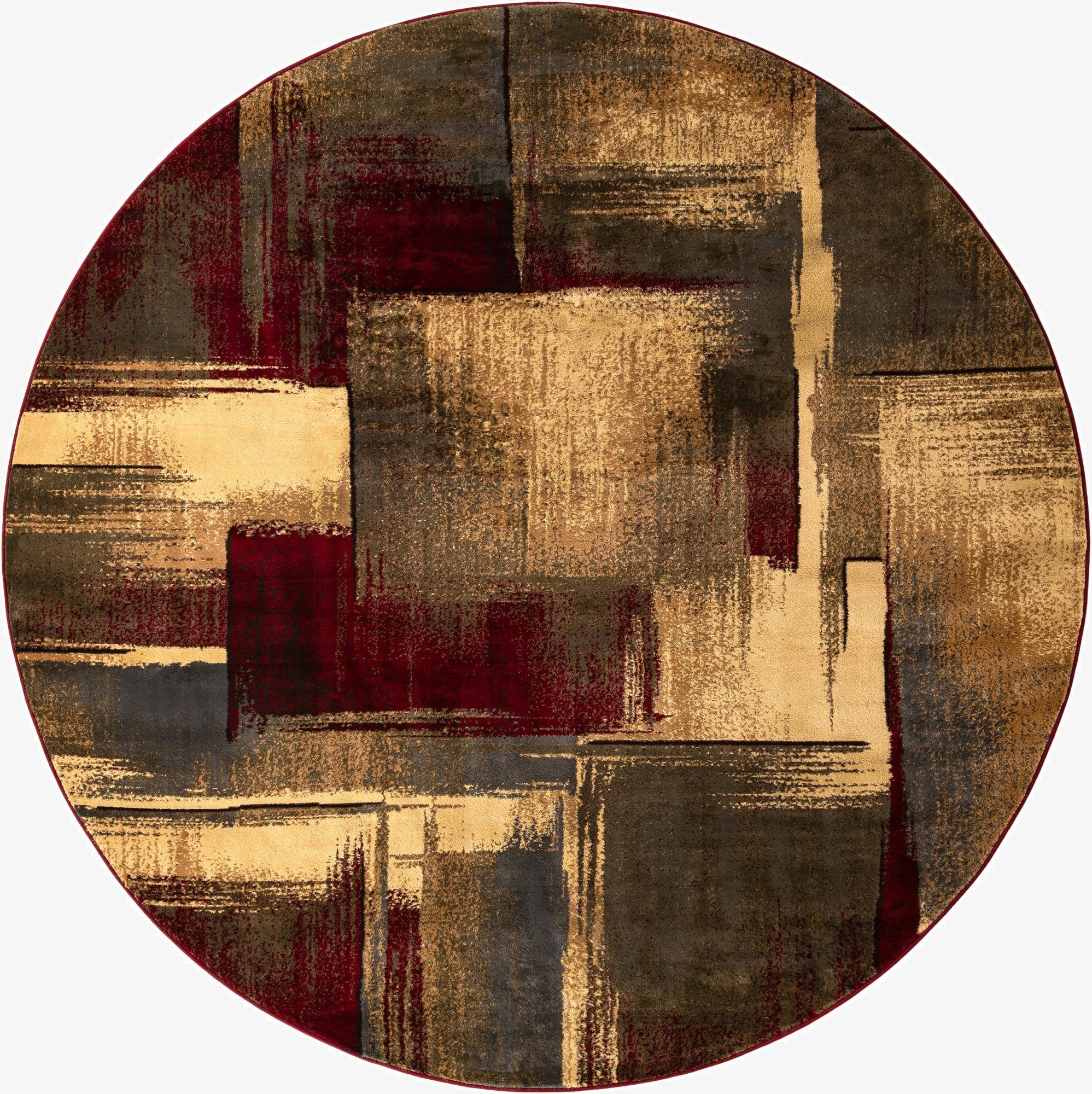 A 10' round multi-colored rug featuring an abstract, modern design with brushstrokes of gold, deep red, and charcoal.