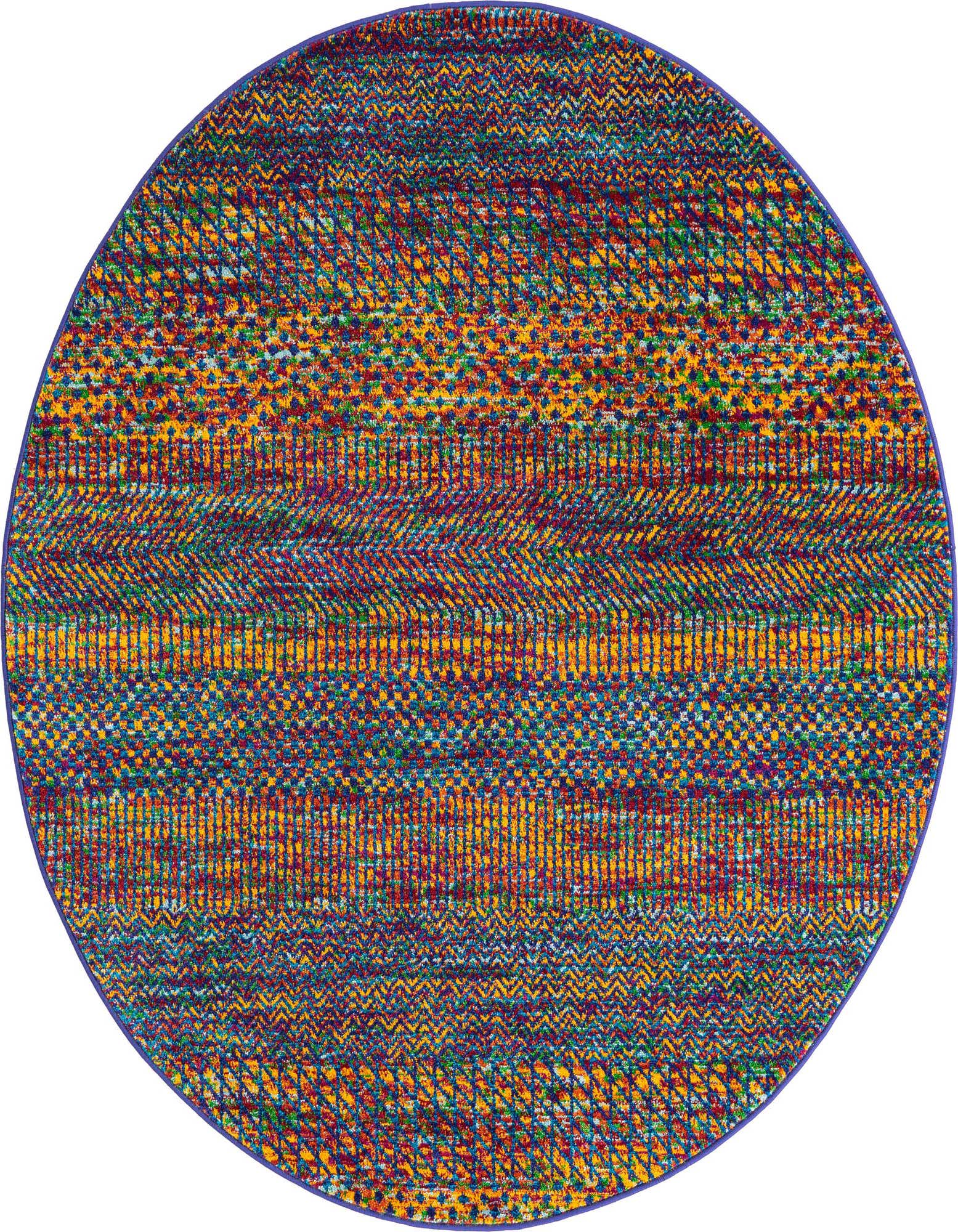 A vibrant 5' 3" round multi-colored rug with an abstract, eclectic pattern, featuring various hues of blue, yellow, red, and green.