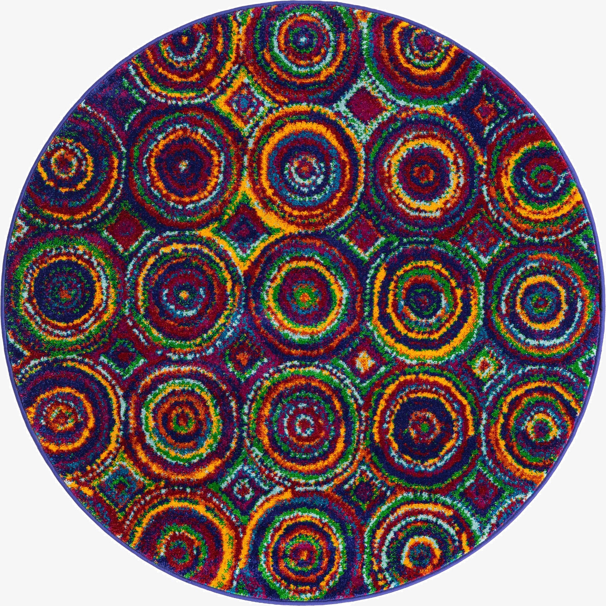 A vibrant 4' round multi-colored rug featuring a modern abstract pattern of concentric circles in blue, green, orange, and red hues.