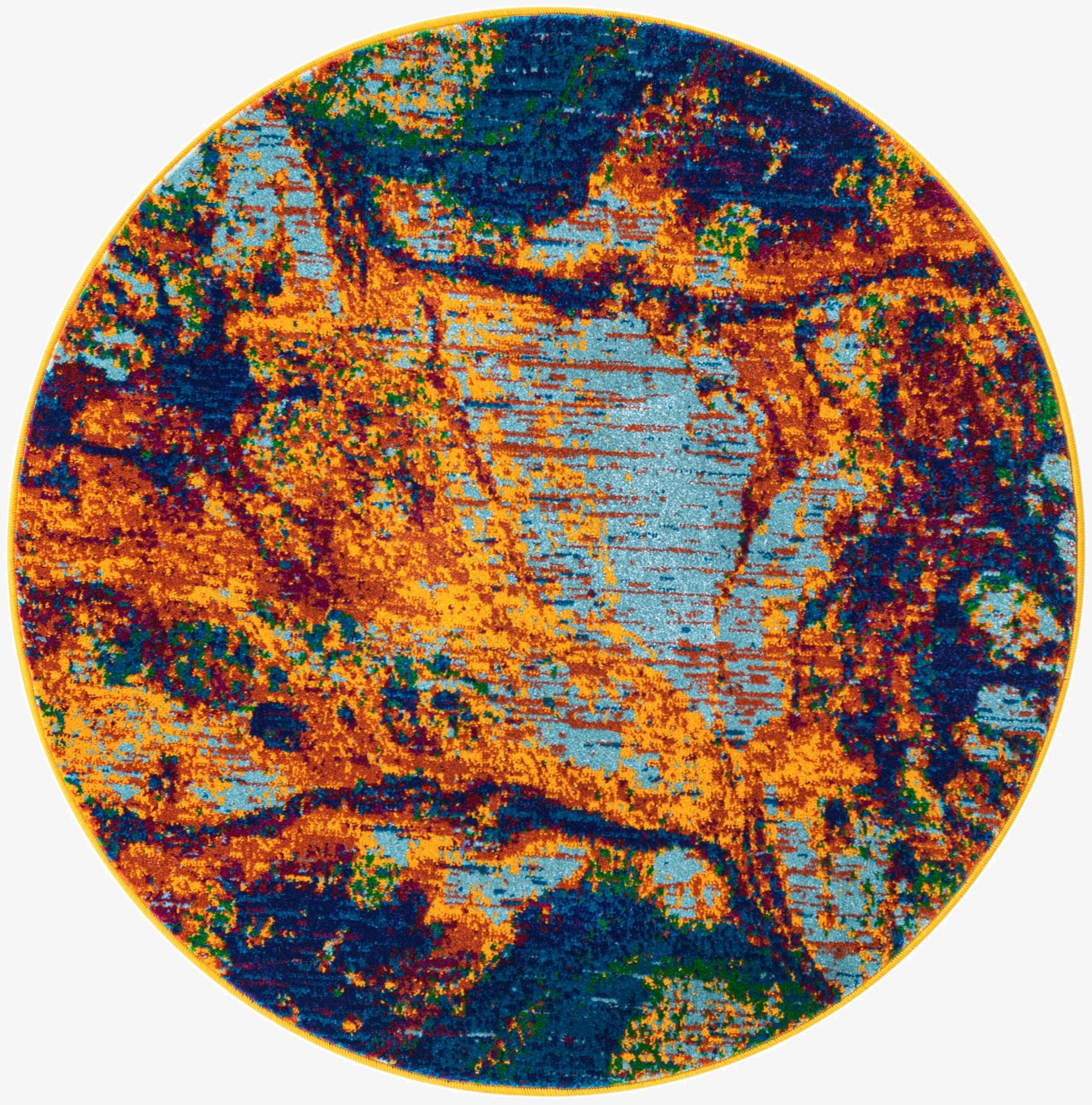 A 3' 3 x 3' 3 round Calypso rug featuring an abstract, multi-colored botanical pattern in blue, orange, and yellow tones.