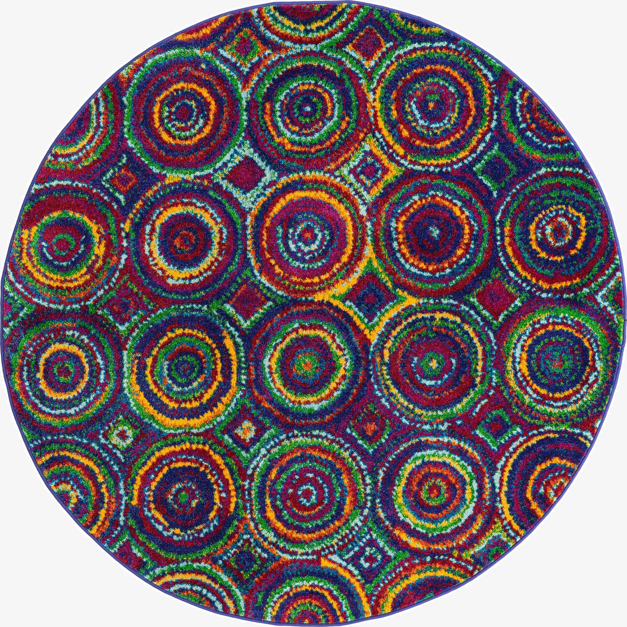 A vibrant 5' 3 round rug featuring an eclectic, multi-colored abstract pattern of concentric circles in blue, green, yellow, and red.